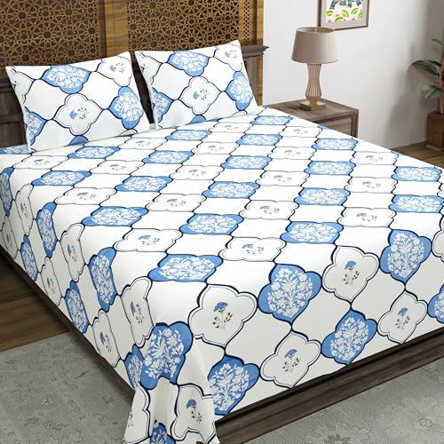 Image of BLOCKS OF INDIA Hand Block Printed 200 TC Cotton King Size Bedsheet | MUGHAL Blue