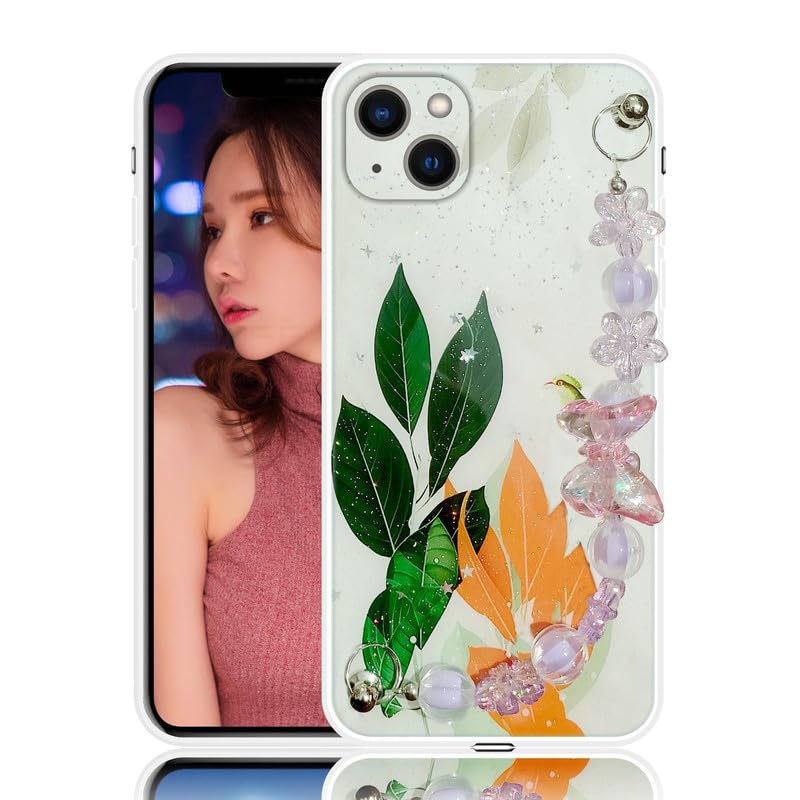 Image of COVERLY for iPhone 12 Pro Fashion Wrist Bracelet Chain Case,Green Flowers Cute Abstract Butterfly Sling Strap Sparkle Love Hearts Hanging Girlish Silicon Aesthetic Back Cover for Apple iPhone 12 Pro