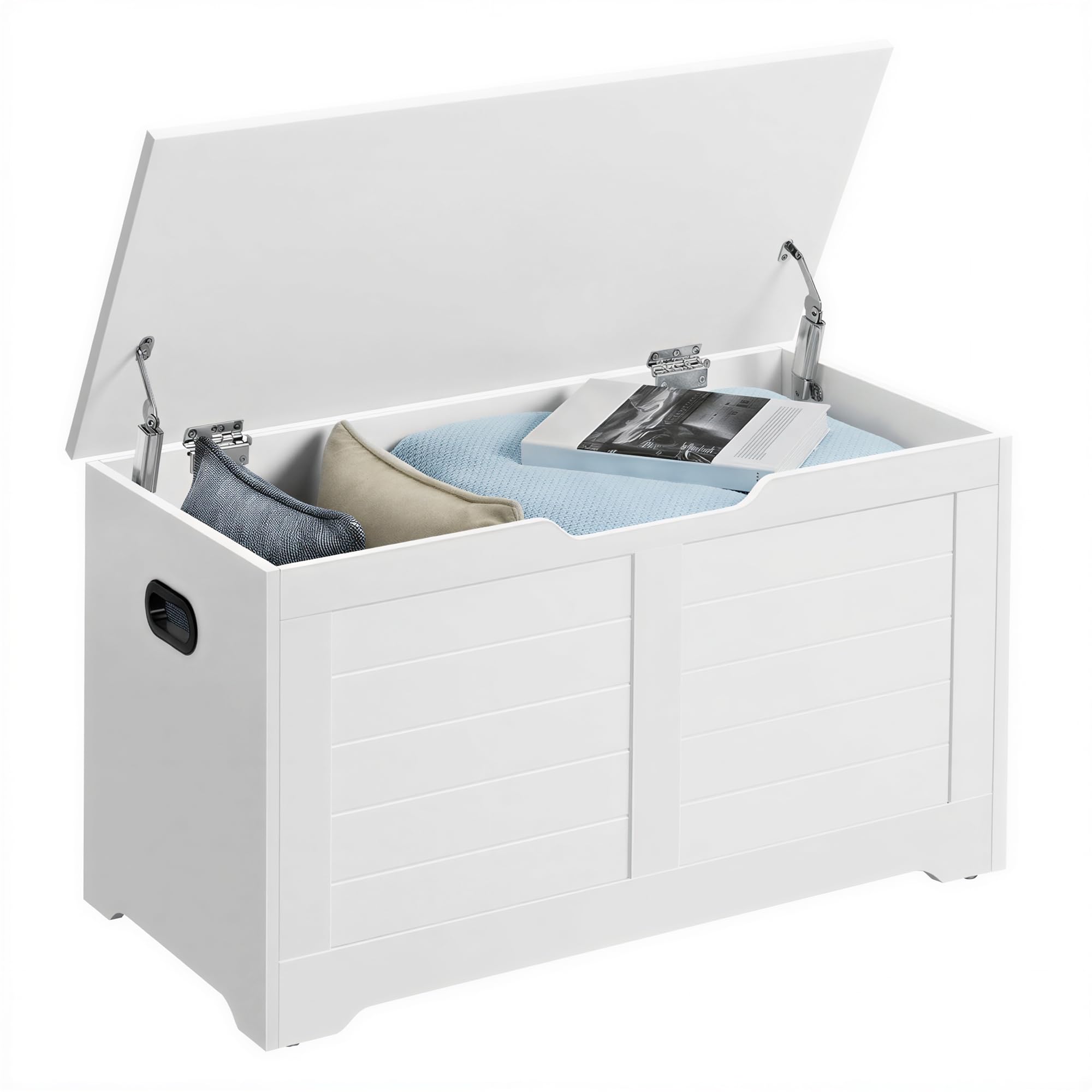 VASAGLE Coffre de Rangement, Banc à Chaussures, avec 2 Charnières de Sécurité, Imitation Grange, 40 x 100 x 46 cm, pour Entrée, Couloir, Chambre, Salon, Blanc Nuage LSB061T10