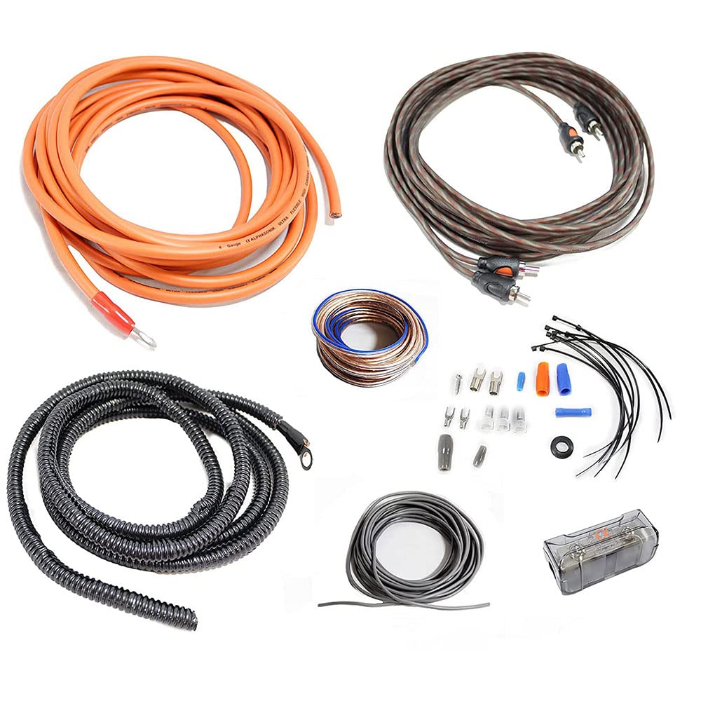 AlphasonikHK8 Premium 8-Gauge Complete Car Amplifier Installation Kit Power, Ground, Remote, Speaker Wire, Twisted RCA Interconnect, in Line Mini ANL Fuse Holder, 80Amp ANL Fuse - Amp Install Kit