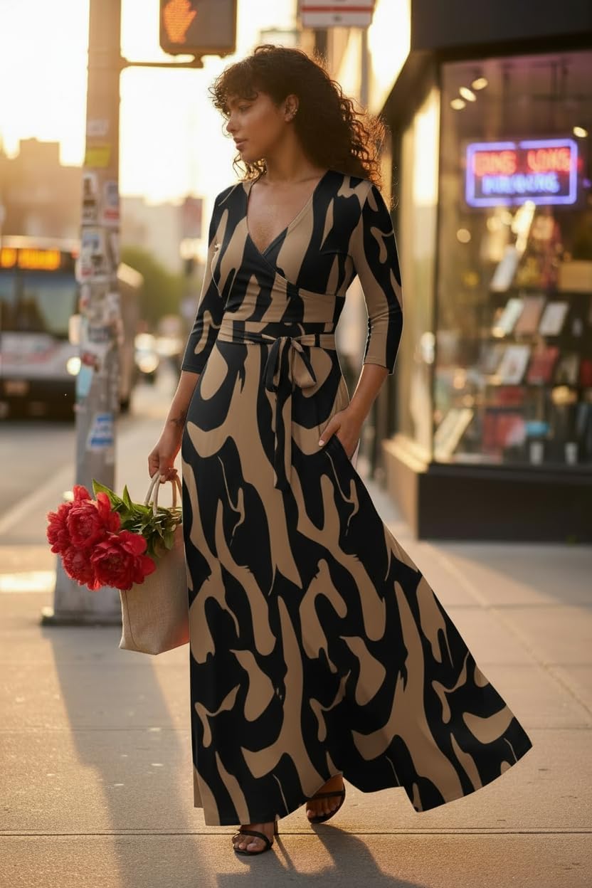 FANDEE Women Print Maxi Dress V Neck 3/4 Sleeve for Women Casual Tie Waist Belted Dresses