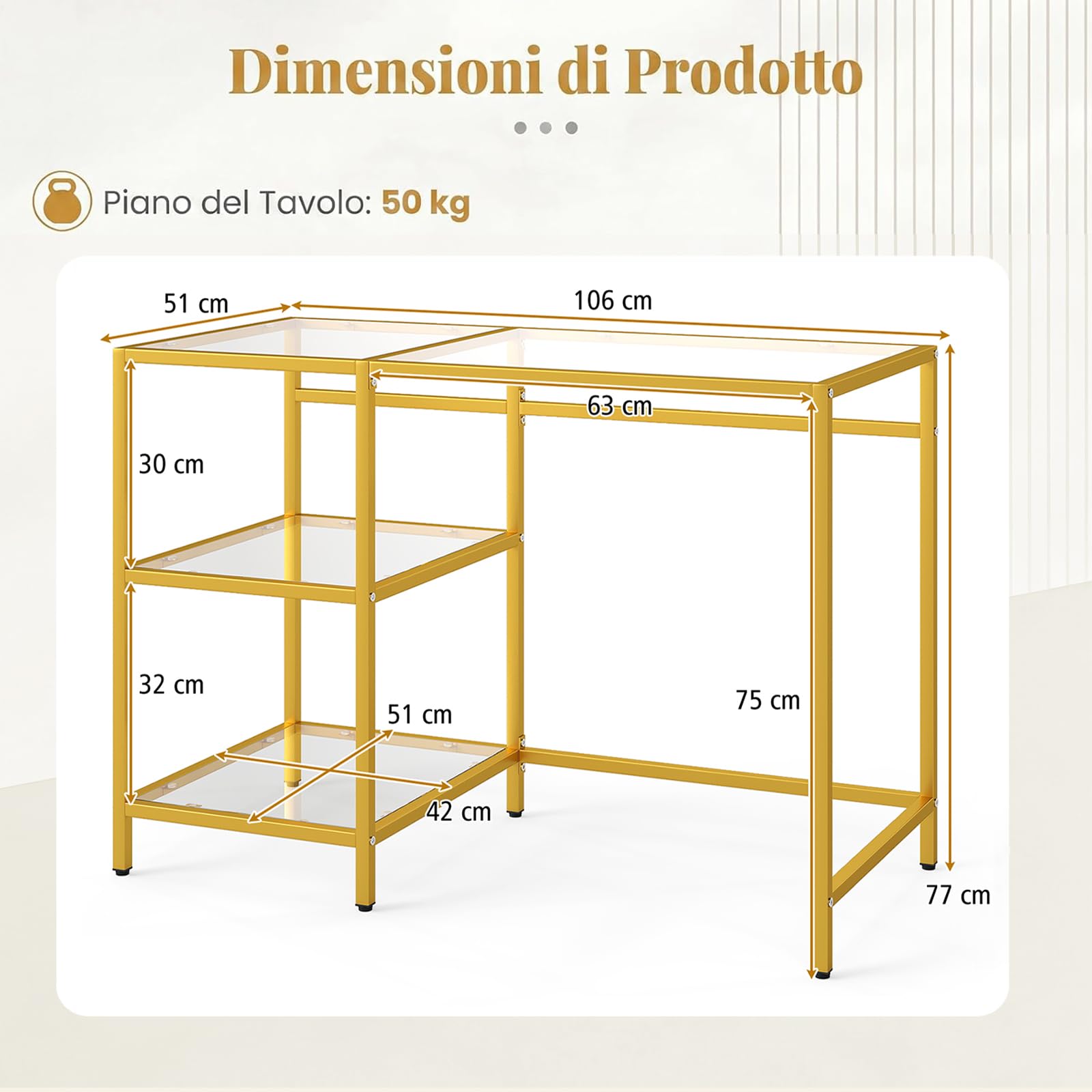 SOARS Scrivania in Vetro Temperato 106 x 51 x 77 cm, Oro | Tavolo PC Multifunzionale Salvaspazio con 2 Ripiani, Consolle Trucco Moderna per Camera da Letto, Studio, Ufficio e Soggiorno
