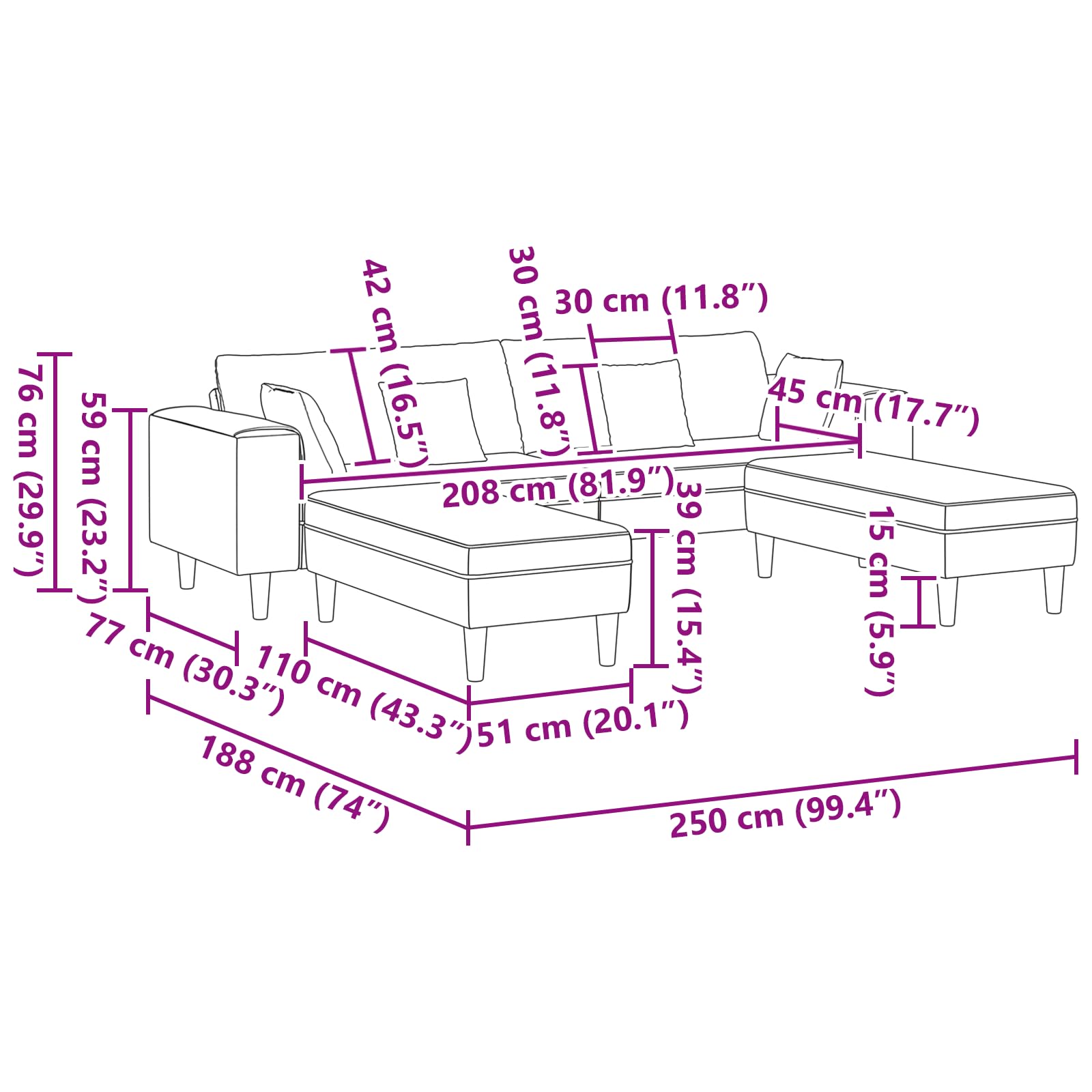 Nowoczesna aksamitna sofa 3-częściowa w kolorze jasnoszarym 208 cm z poduszkami – elegancka sofa do salonu z rdzeniem sprężynowym i podłokietnikami zapewnia stabilność i komfort, smukła