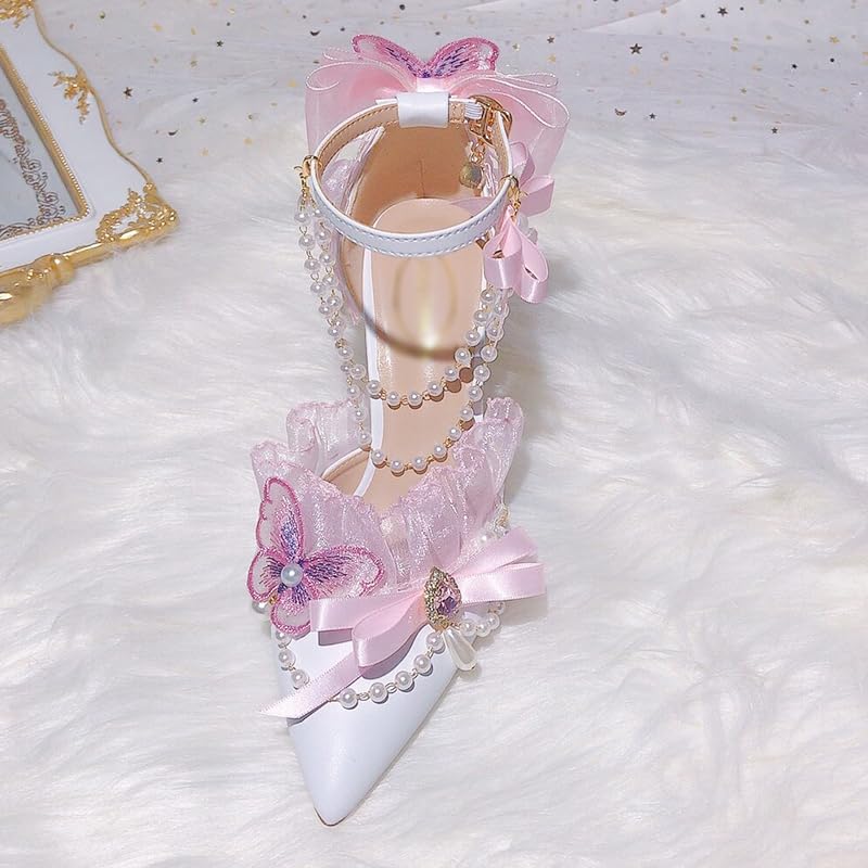 Lolita Pink lace Bow Rhinestone Bridal Wedding Shoes Sweet Pearl Tassel Wrist Strap Pointed high Heel Women's Shoes4
