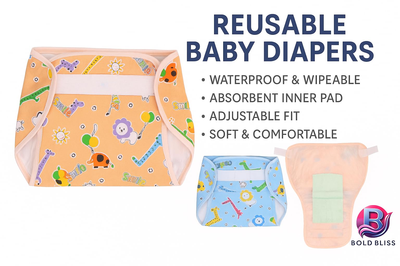 Bold Bliss Reusable Baby Cloth Diaper with Soft Inner Lining | Washable & Adjustable | Leak-Proof, Eco-Friendly | Unisex β Pack of 3 Multicolor (0-2 Years) (XXL) 1
