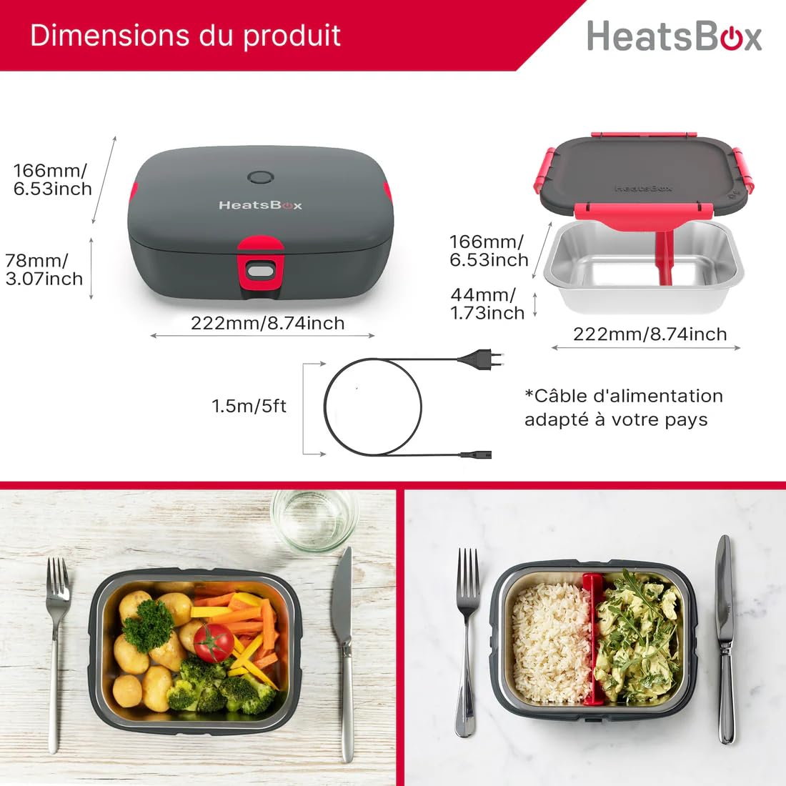 Faitron HeatsBox Style+ - Boite Chauffante Repas Électrique Mobile, Sans BPA, Contrôle par Application, Bol Anti-Fuite Gamelle Chauffante en Acier Inoxydable (925 ml), Gris