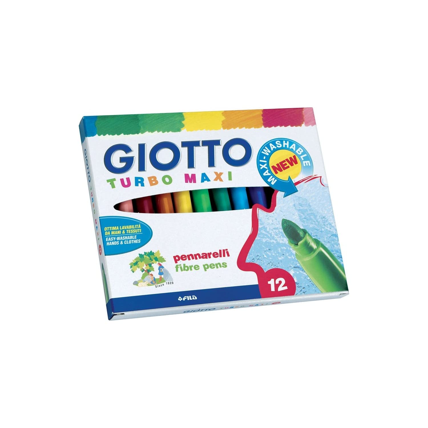 Giotto Turbo Maxi, Rotuladores Súper Lavables, Punta Maxi, Punta 5mm, Colores Surtidos, 12 unidades