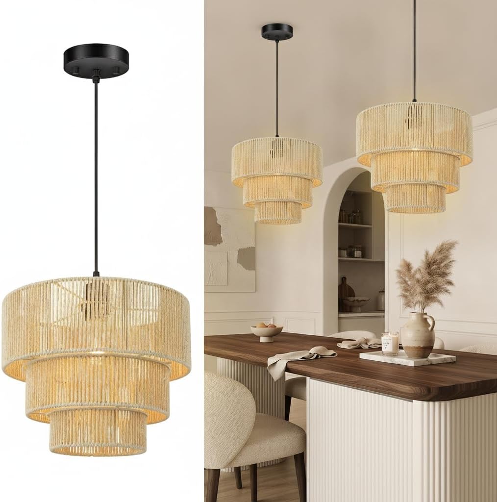 Boho Rattan Pendant Light, 13'' Handwoven Wicker Hanging Chandelier Light, Natural Wave Design Dining Room Light Fixture, Ceiling Pendant Light for Kitchen Island, Coastal Chandelier, Adjustable Cord