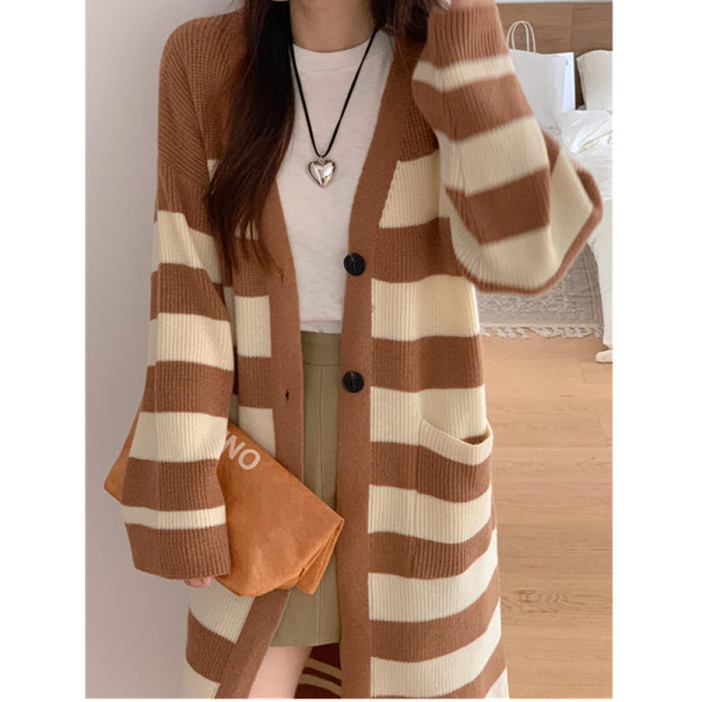 Cárdigans Largos Para Mujer,Rayas Vintage Cárdigan Largo De Punto Botones Delanteros Abiertos Suéter Con Cuello En V Para Mujer Abrigo Otoño Invierno Chaqueta De Punto Suelta Y Cálida Suéter P