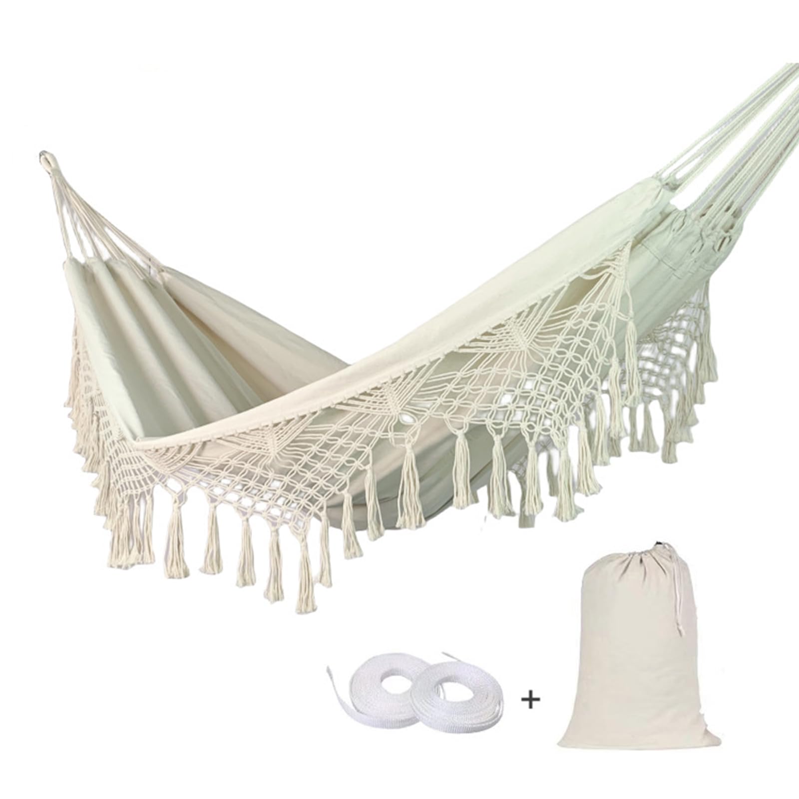 Hamak boho z frędzlami, lekki hamak kempingowy, 200 x 150 cm, styl etniczny, do ogrodu, na balkon i na zewnątrz, wygodny i dekoracyjny