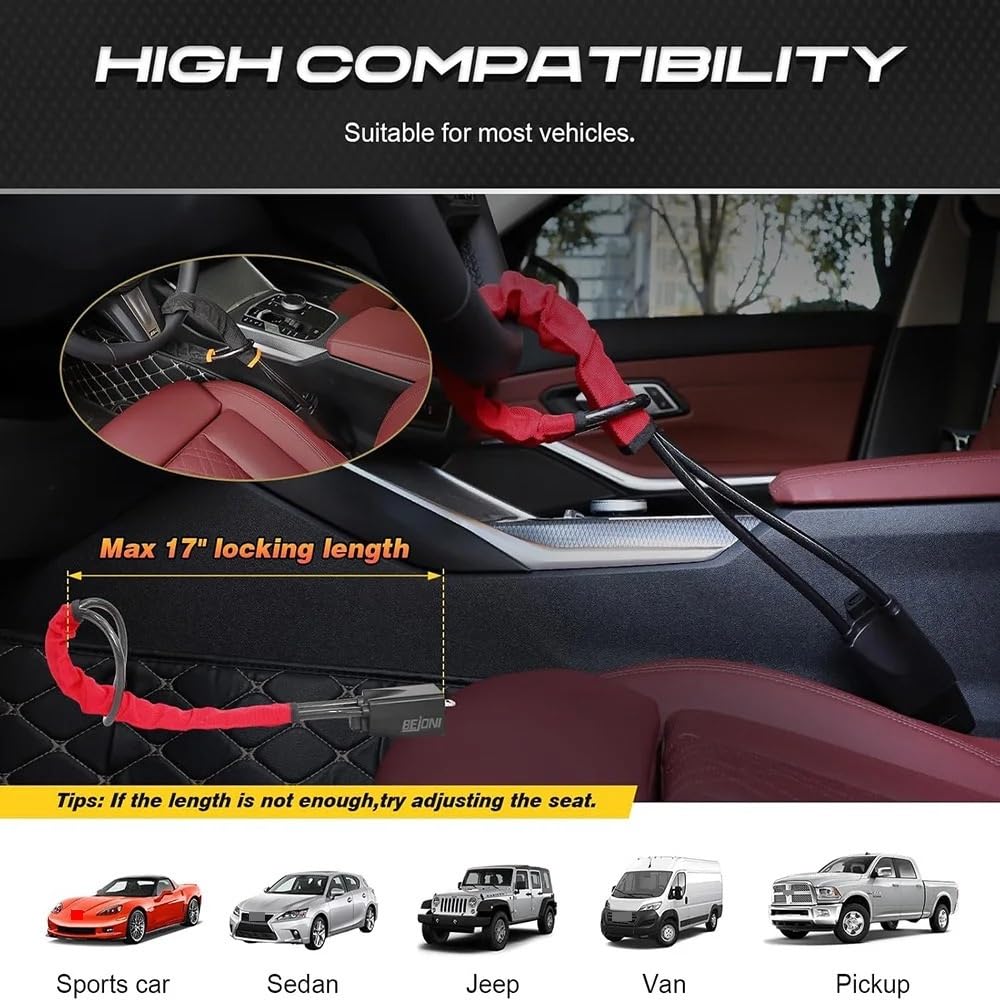Antirrobo Coche Bloqueo de Cable reforzado para volante coche, dispositivo protección antirrobo con toma para cinturón seguridad, para camión, SUV, furgoneta, RV