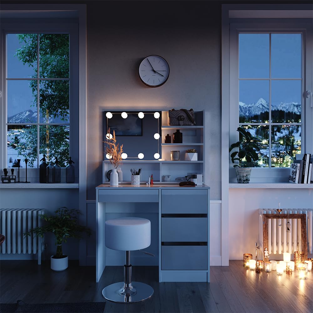 Coiffeuse Sherry Blanche Avec Miroir LED Et Tabouret Vicco, 5 Tiroirs, à Monter
