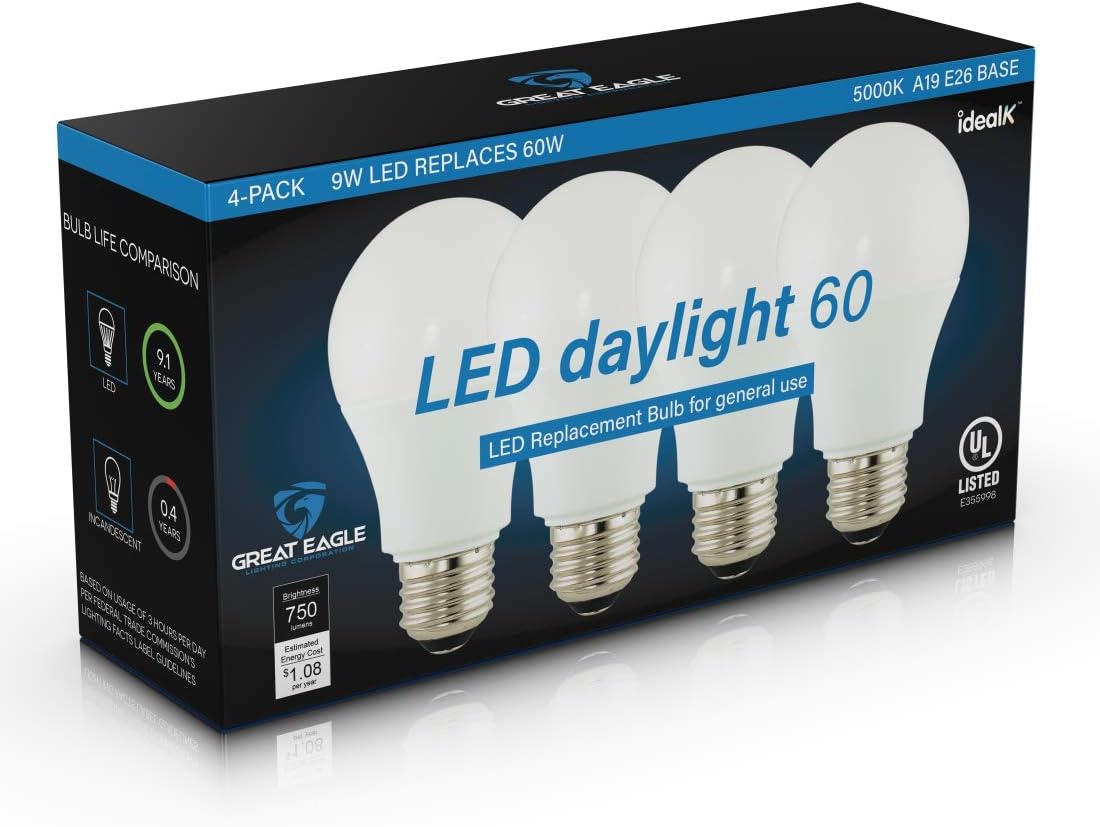 GREAT EAGLE LIGHTING CORPORATION A19 LED Light Bulb, 9W (60W Equivalent), UL Listed, 5000K (Daylight), 750 Lumens, Non-dimmable, Standard Replacement (4 Pack) - - 