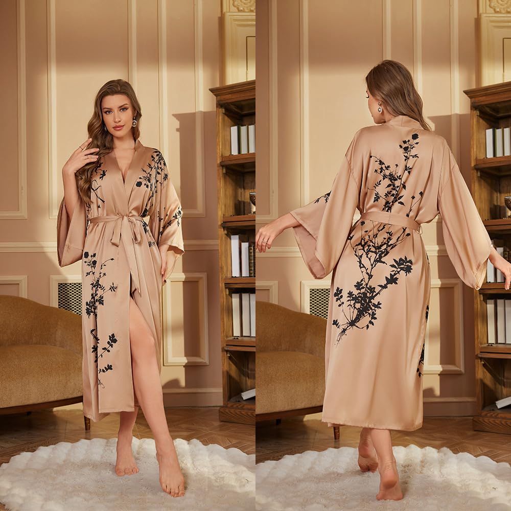 Bademantel Damen Kurz, Damen Kimono Morgenmantel Sexy V Ausschnitt Blumenmuster Robe mit Gürtel Lang Knielang Hauskleidung Leichte Brautnachtwäsche Bequemer Pyjama