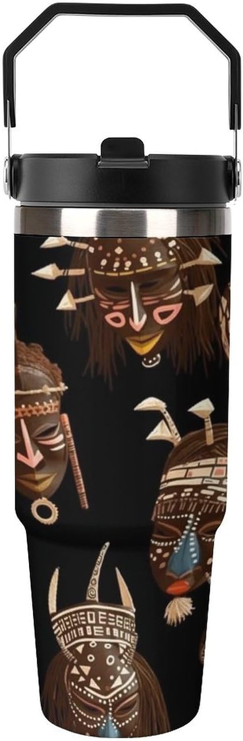 African Ritual Ethnic Tribal Water Bottle 30 Oz Fits Car Cup Holder,Insulated Coffee Mug Large Capacity Car Cups,Stainless Steel Double Wall Sport Bottle for Travel Sports Gym