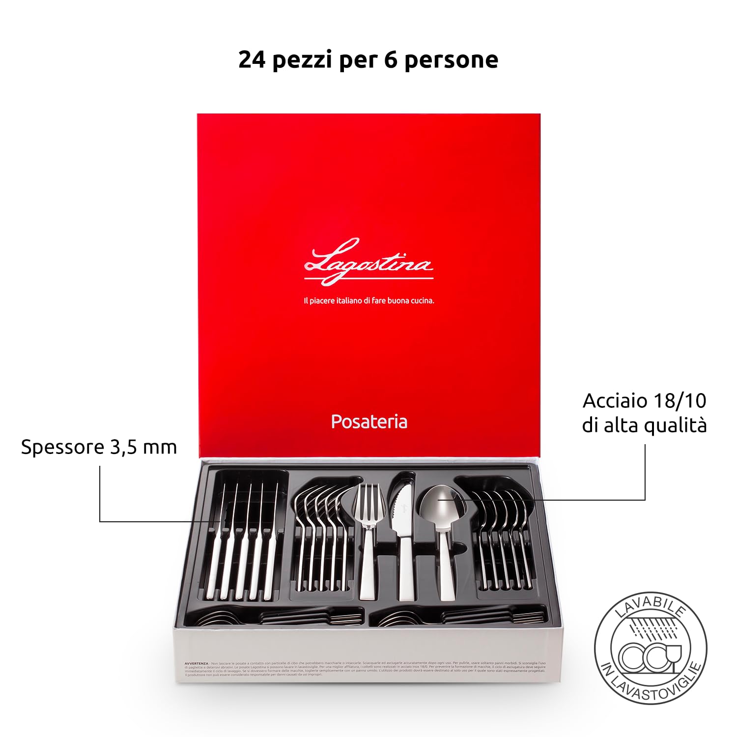 Lagostina Giada Set Servizio Posate Acciaio Inox 18/10 per 6 Persone, 24 Pezzi & Ingenio Smart Mestolo in Silicone con Rivestimento Antigraffio, Impugnatura Ergonomica