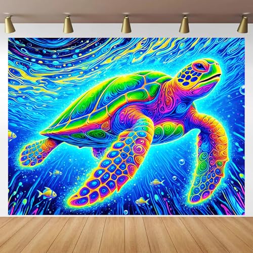Image of BlissYard Blacklight Tapestry 78x59 Inch Sea Turtle Glow in the Dark Trippy Ocean Wall Art UV Reactive Neon Psychedelic Turtle Tapestry for Bedroom Dorm Party Wall Hanging Decor