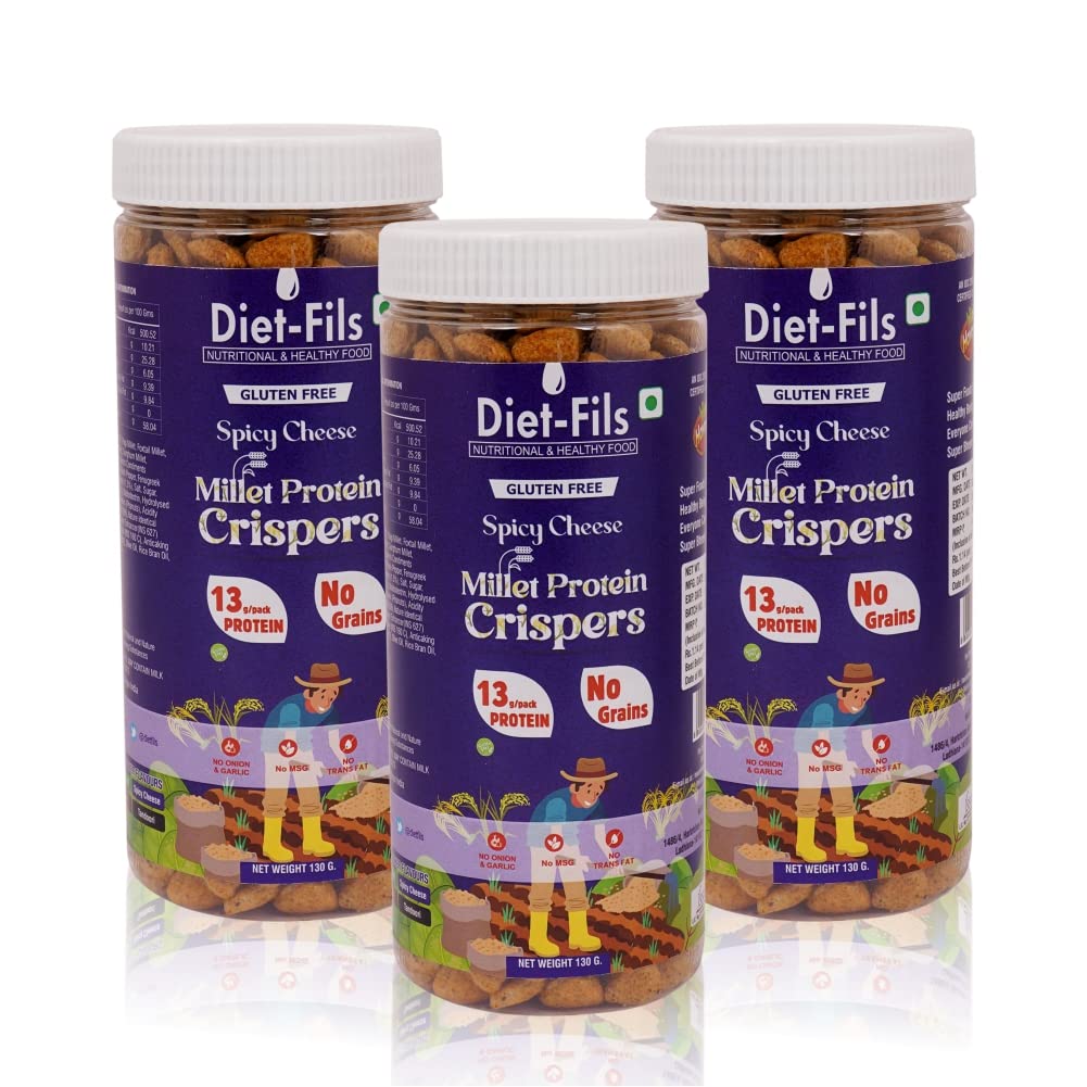 Millet Protein Crispers Spicy Cheese | No Onion No Garlic | Millet Based | No Grain | Made with Ragi,Browntop Millet,Jowar,Foxtail and Pea Protein | Roasted | Gluten Free | 130 gm x 3