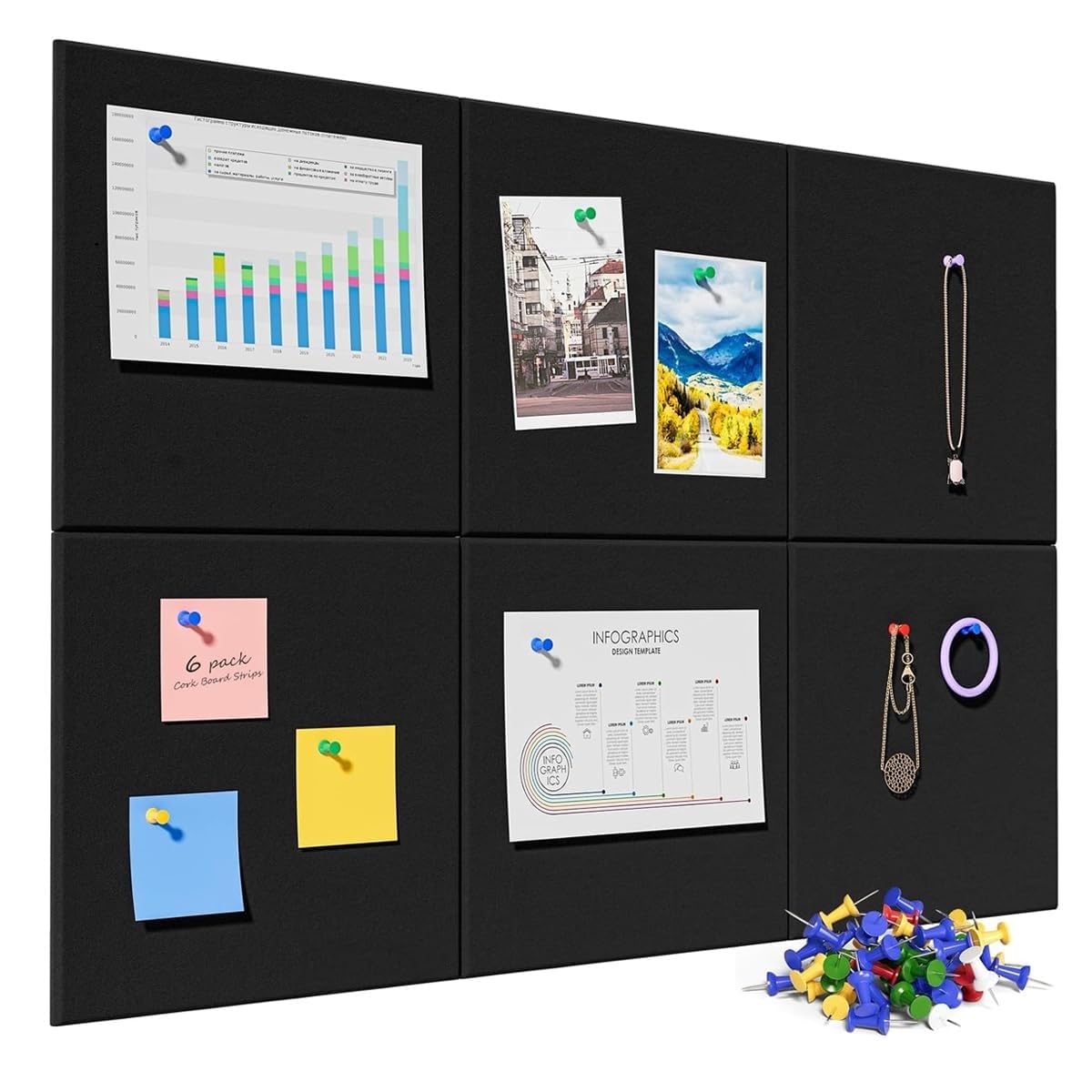 Wolblix 6Pcs Black Felt Bulletin Board, 30x30cm Self-Adhesive Wall Boards with 50pcs Drawing Pins, Felt Message Board for Paste Notes, Photos, Schedules (Black)-image-23