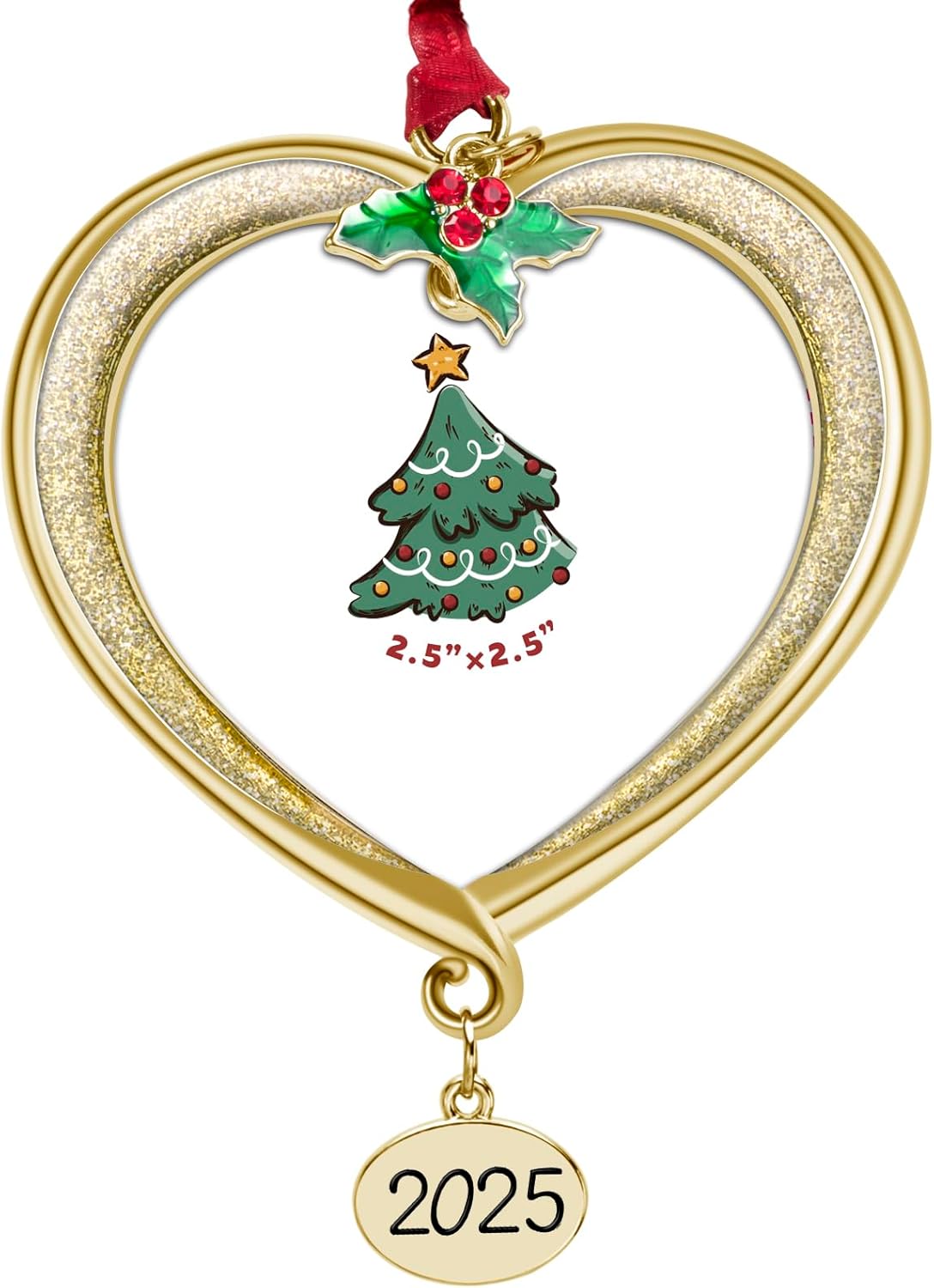 Christmas Tree Ornament Picture Frame Metal Hanging Pendant Holiday 2.5" Photo Frame Charm Decorative of Pets, Baby First Christmas, Family (2025 Golden)