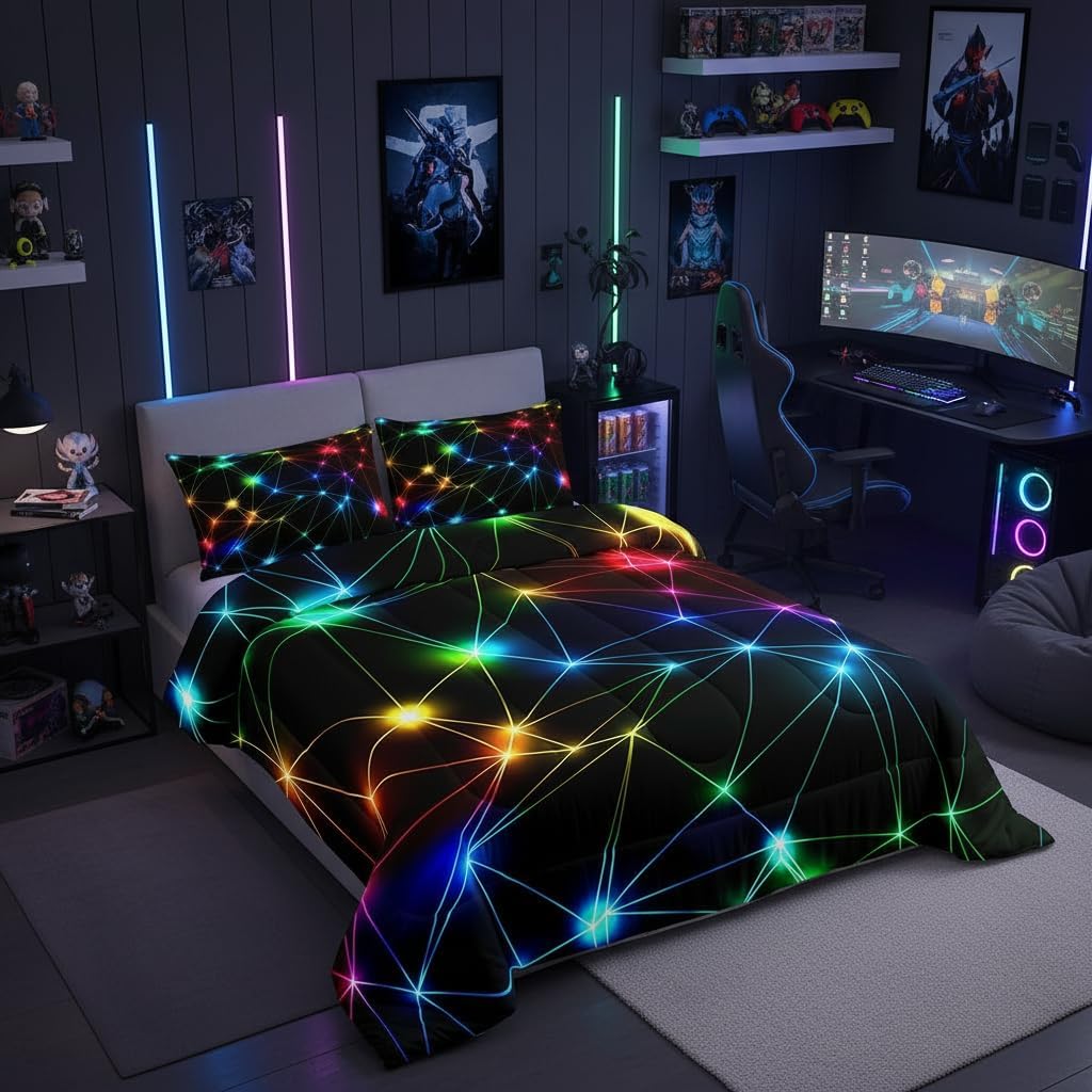 Manfei Rainbow Neon Lights Comforter Set for Kids,Colorful Glowing Crossed Stripes (Not Glowing) Bedding Set Teens Boys Room Decor,Geometric Modern Comforter with 1 Pillowcase for All Seasons,Twin