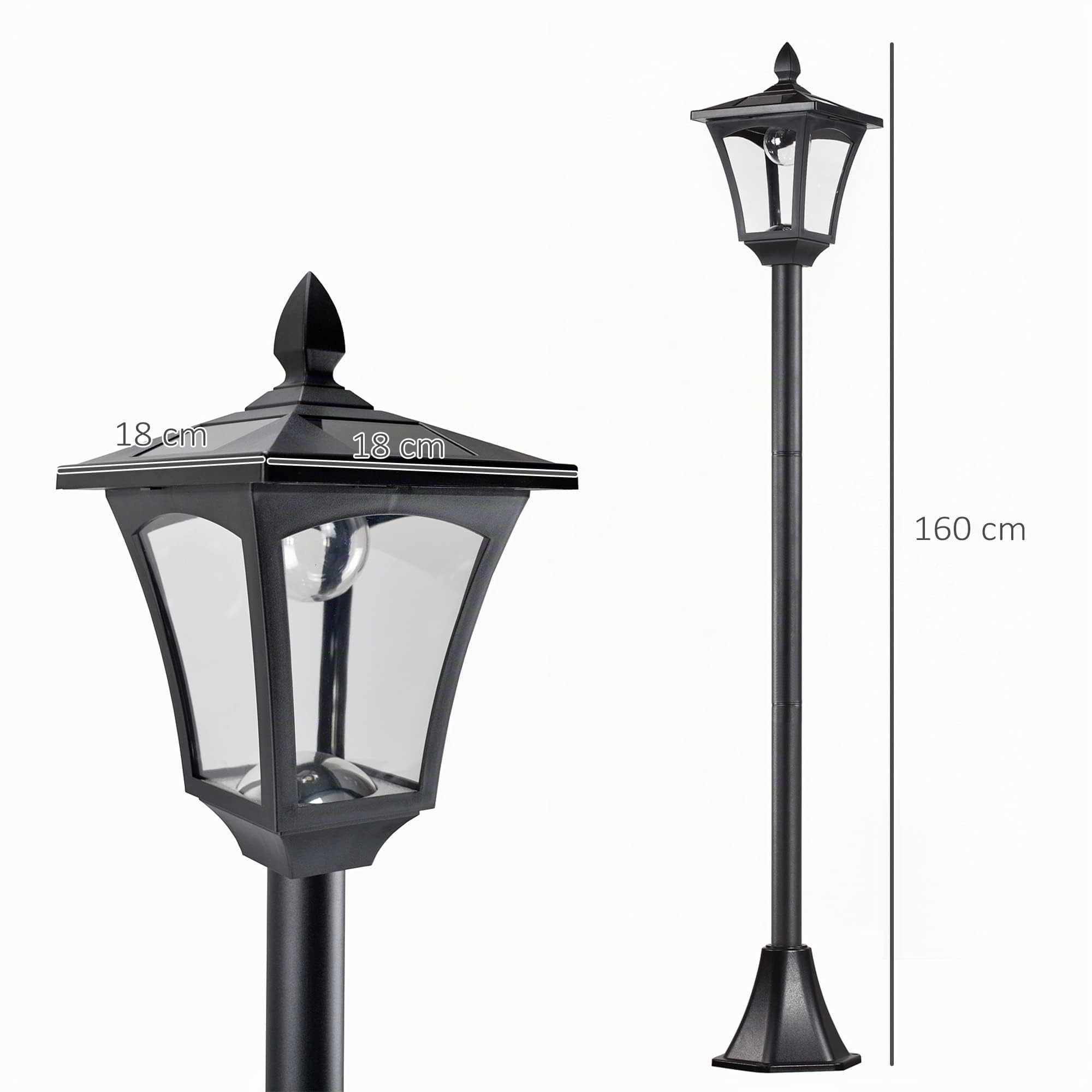 Outsunny Set 2 Lampioncini Solari da Esterno IP44 18x18x160 cm Nero | Lampade da Giardino, a Energia Solare, Impermeabili