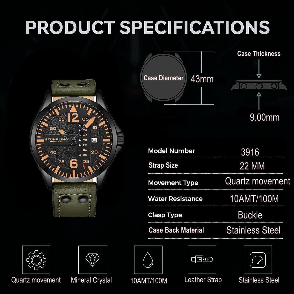 Stuhrling Original Mens Leather Watch -Aviation Watch, Quick-Set Day-Date Leather Band with Steel Rivets,