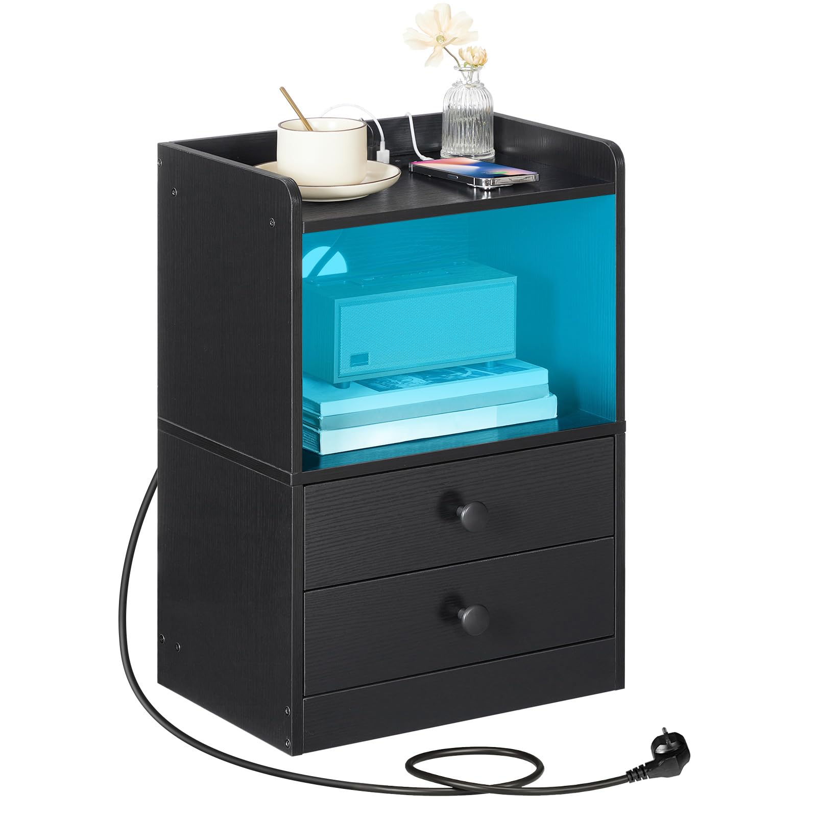 HOOBRO Mesilla de Noche con Luces LED, Mesilla de Noche con Base de Carga, Mesita Auxiliar con 2 Cajones, Adecuada para Dormitorio, Sala de Estar, Diseño Moderno, Negro EBK28CDBZ01