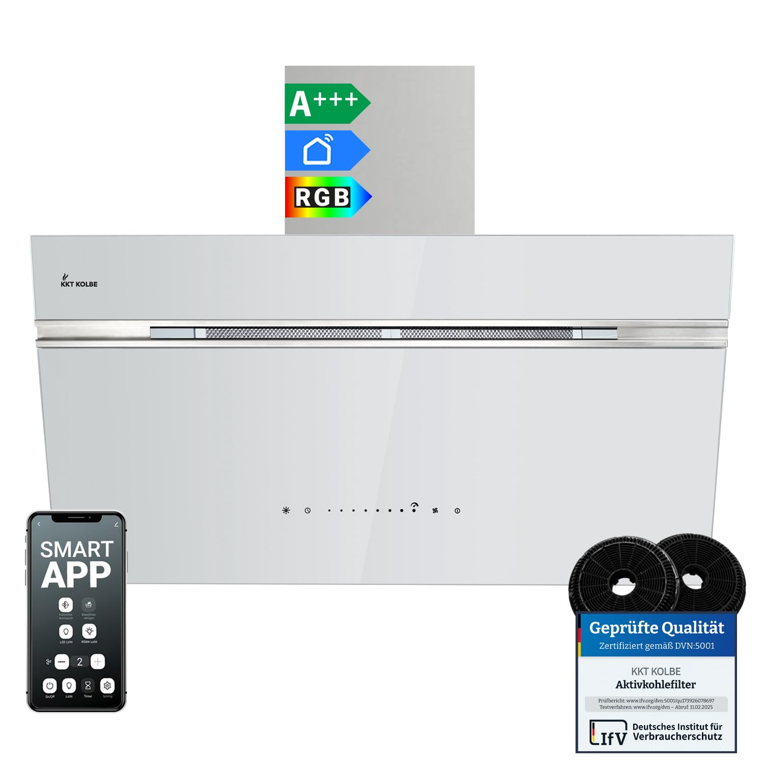 KKT KOLBE A+++ okap kuchenny 90 cm 782 m³/h obieg powietrza wylotowego bez głowy | białe srebrne szkło | automatyczne postępowanie | Smart WiFi App WLAN | SensorTouch | RGBW oświetlenie LED |