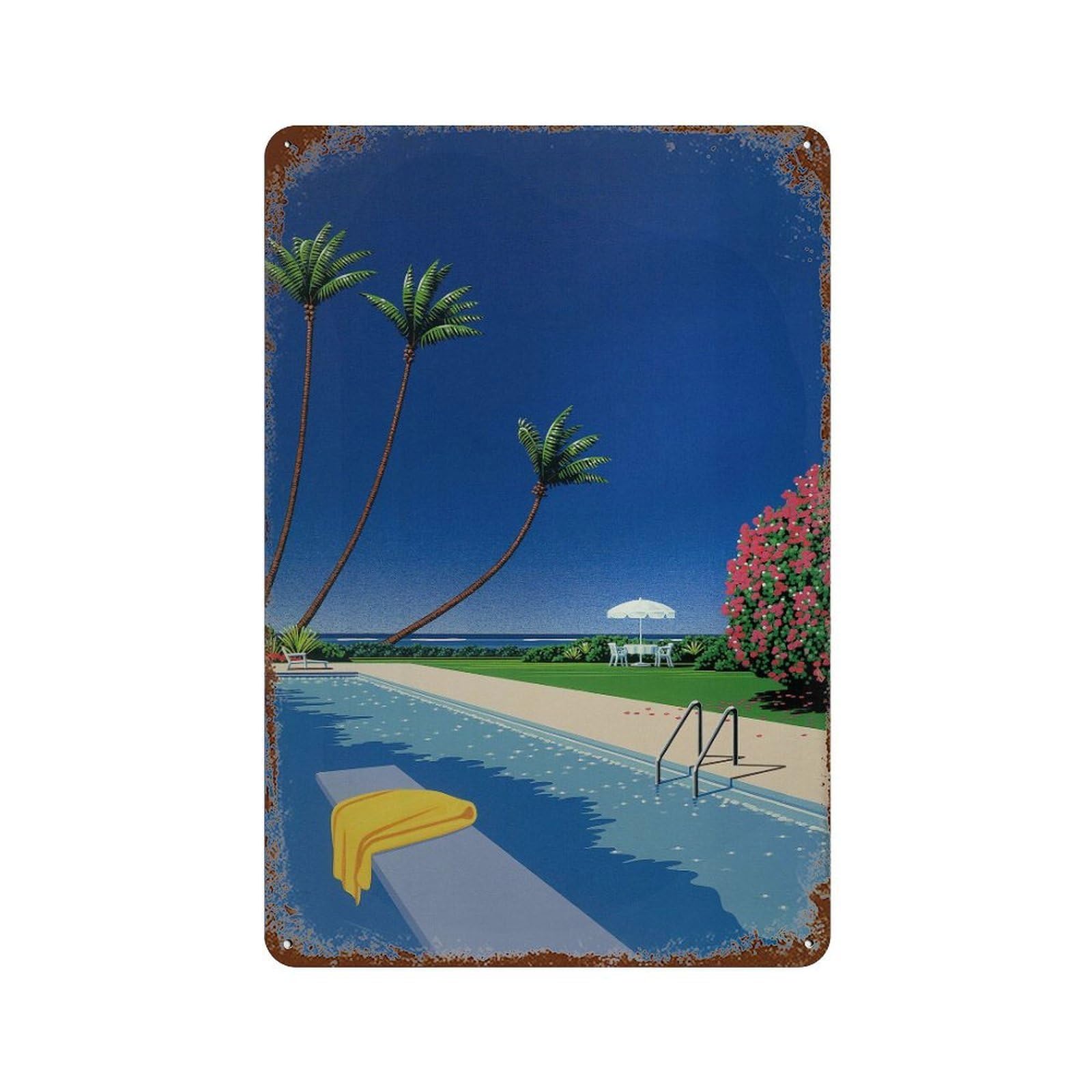 xiaoxiaoshen Tropical Poolside Scene. Hiroshi Nagai Japanese City Pop Wall Decor Art Metal Tin Poster Modern Home Decor Art Home Bar Shop Decorations Vintage Sign 30x20cm