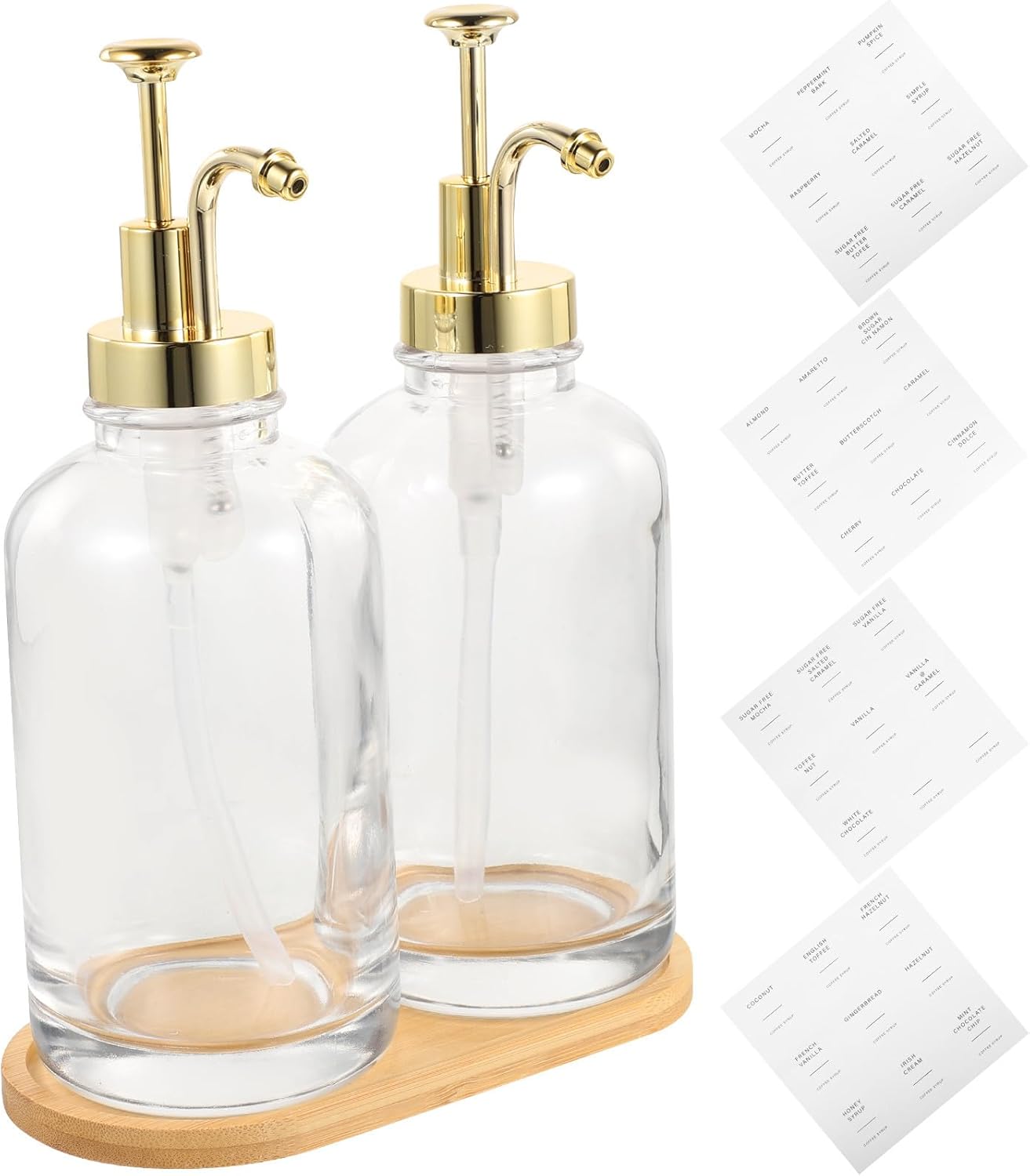 Luxshiny Glass Syrup Bottle Pump Dispenser Set of 2 Gold with Labels and Tray, Glass Coffee Syrup Dispenser for Kitchen and Coffee Bar Use