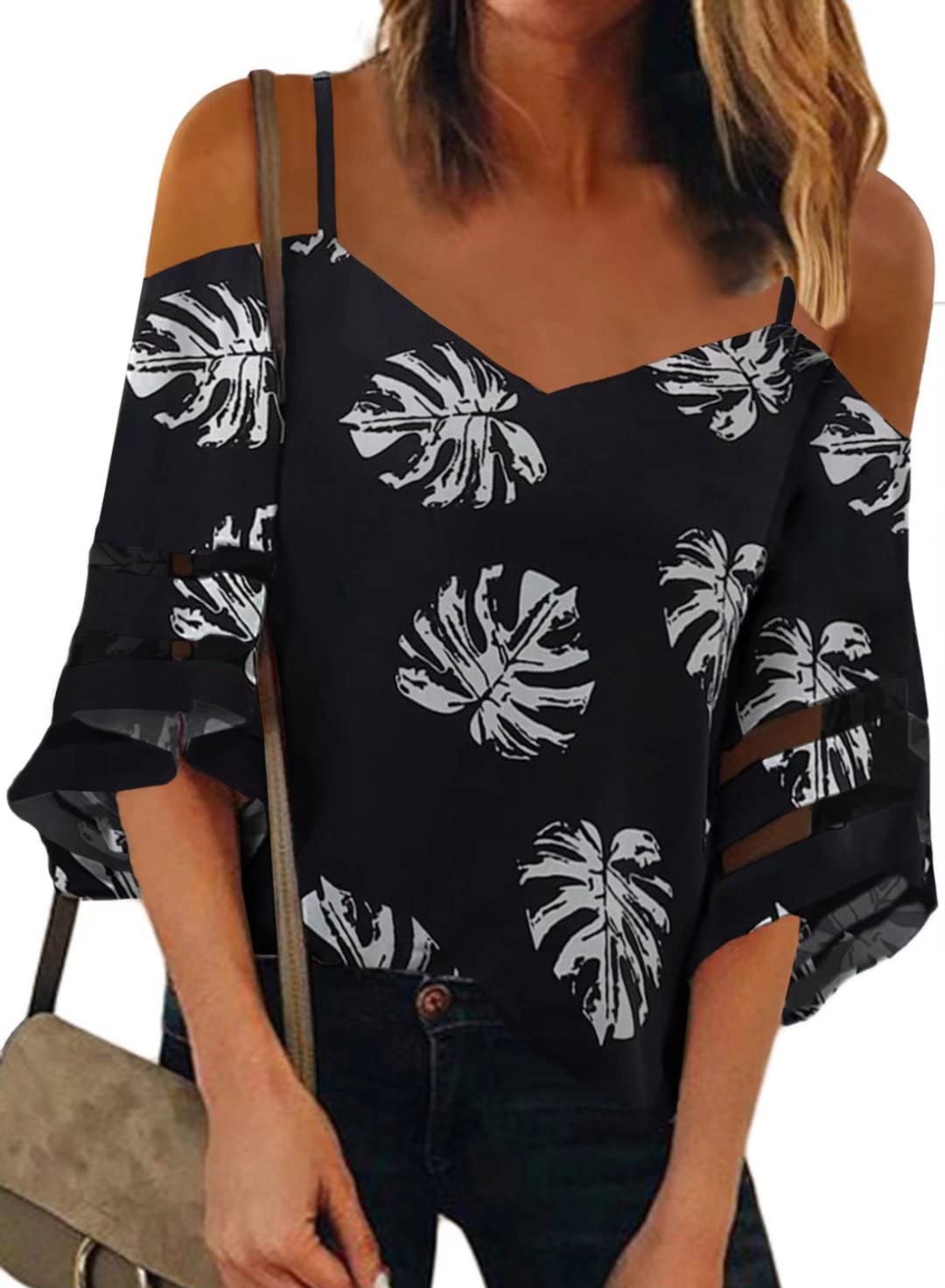 Womens Print Strappy Cold Shoulder 3/4 Bell Sleeves V Neck Blouse and Top S-2XL