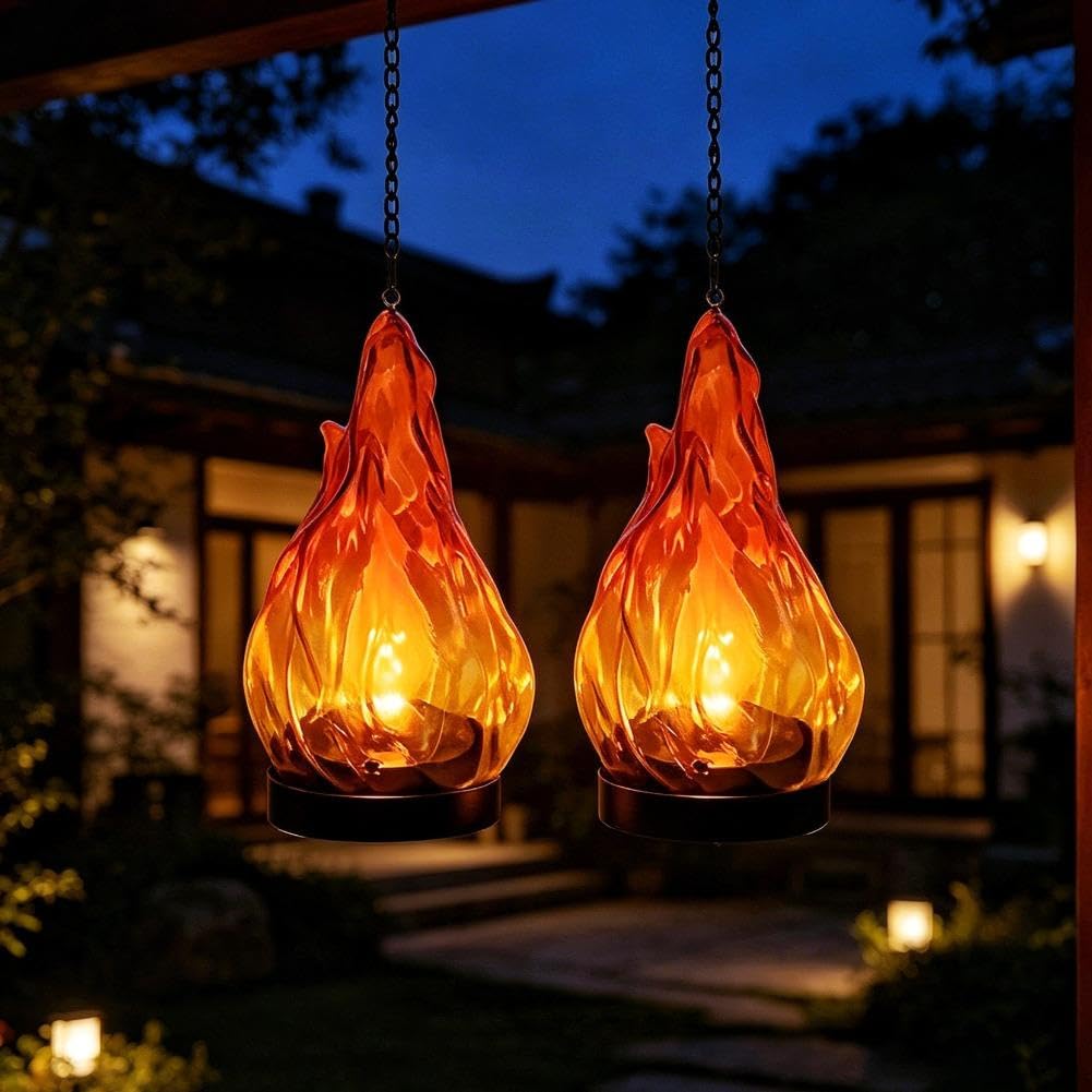 Solar Flame Hanging Lanterns, Waterproof Realistic Flame Solar Powered Waterproof Lights, Outdoor LED Decorative Lamp with Hooks for Garden Patio Backyard Balcony (Red B 2pcs)