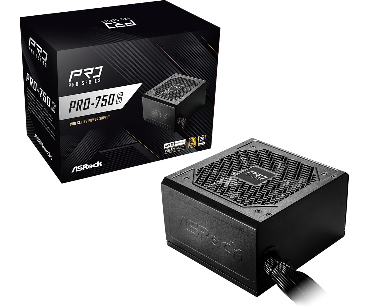 ASRock PRO-750G zasilacz sieciowy, ATX 3.1, PCIe 5.1, złącze 12 V-2 x 6, 750 W, 80 Plus Gold, wentylator 120 mm, 140 x 150 x 86 mm