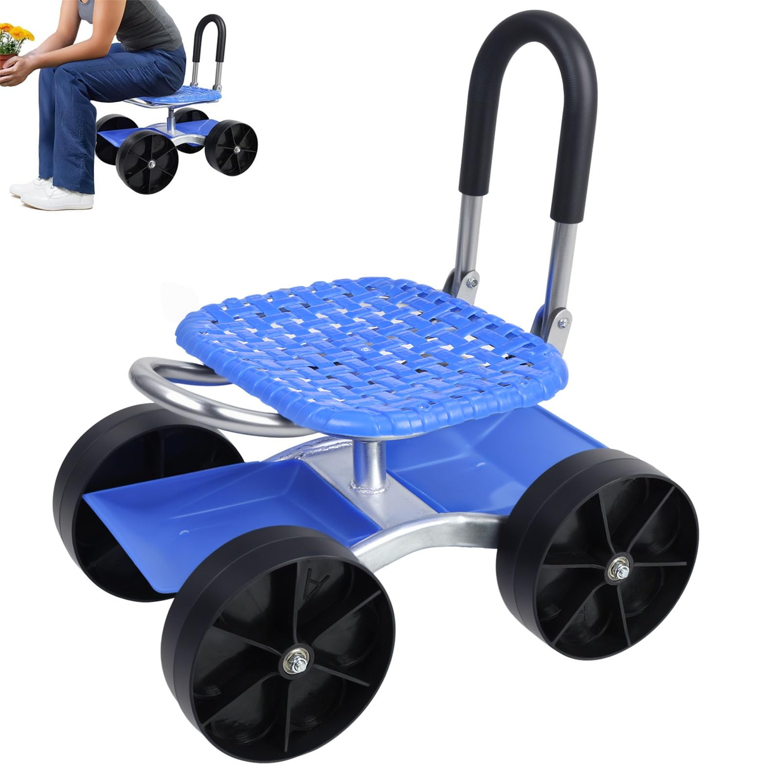 joukares Rolling Garden Seat, Utility Gardening Stool with Flat Wheels, Foldable Lazy Garden Seat Stool, Picking Rotary Tool Cart with Storage Shelf, Adjustable Height Gardening Cart (Blue)