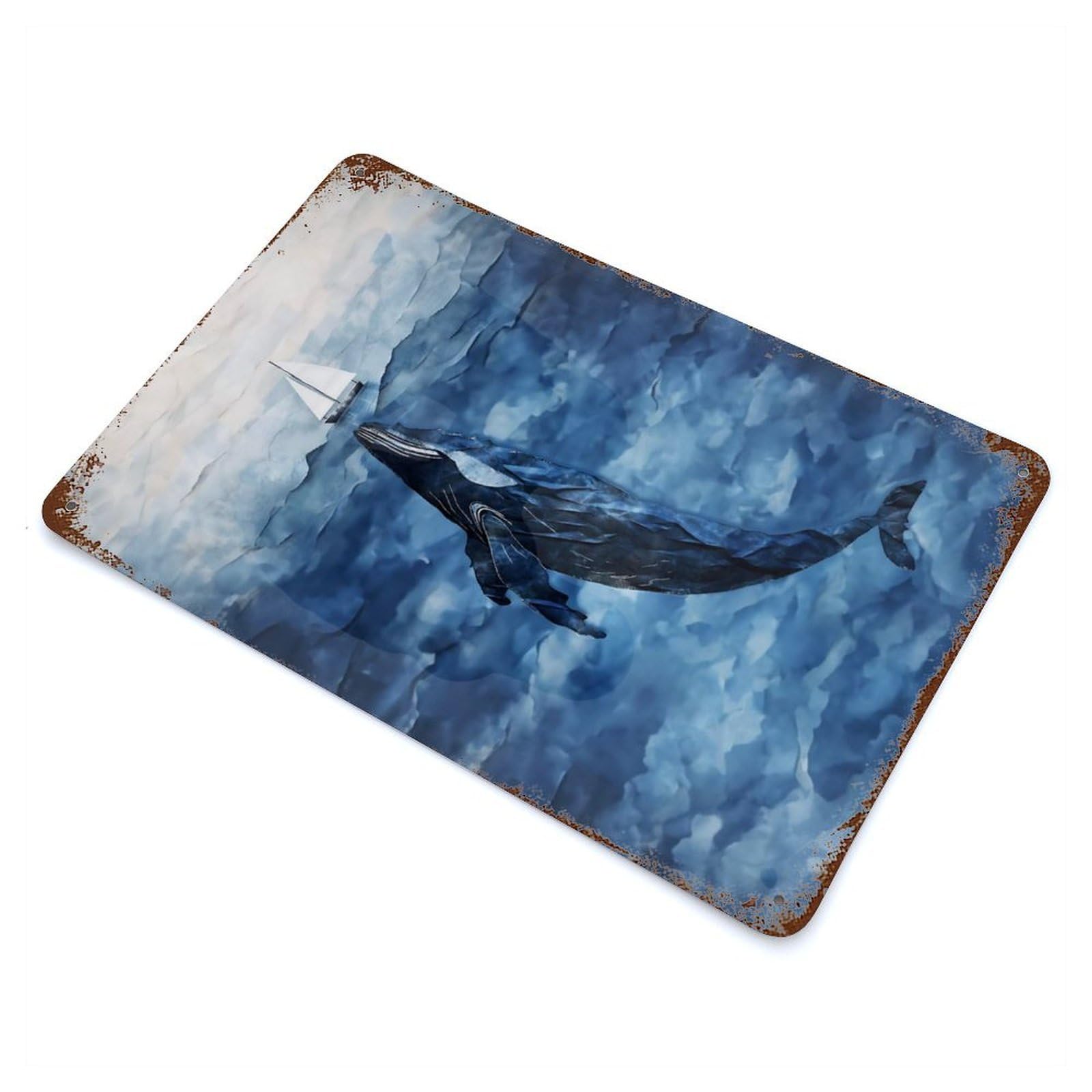Distressed Metal Wall Sign with Jonah And The Whale Design 11.8"x7.9", for Living Room, Hallway And Home Decor, Vintage Wall Decor