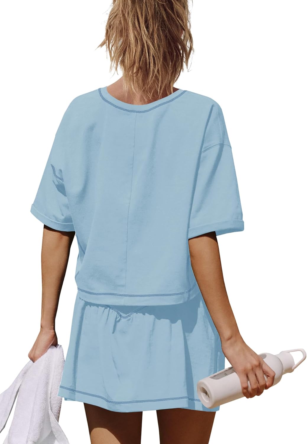 Panadila Womens Workout Set 2 Piece Outfits Skirt Set Matching Sets Crop Tops and Skirt with Shorts Sets with Pockets(Light Blue,M) - Image 4