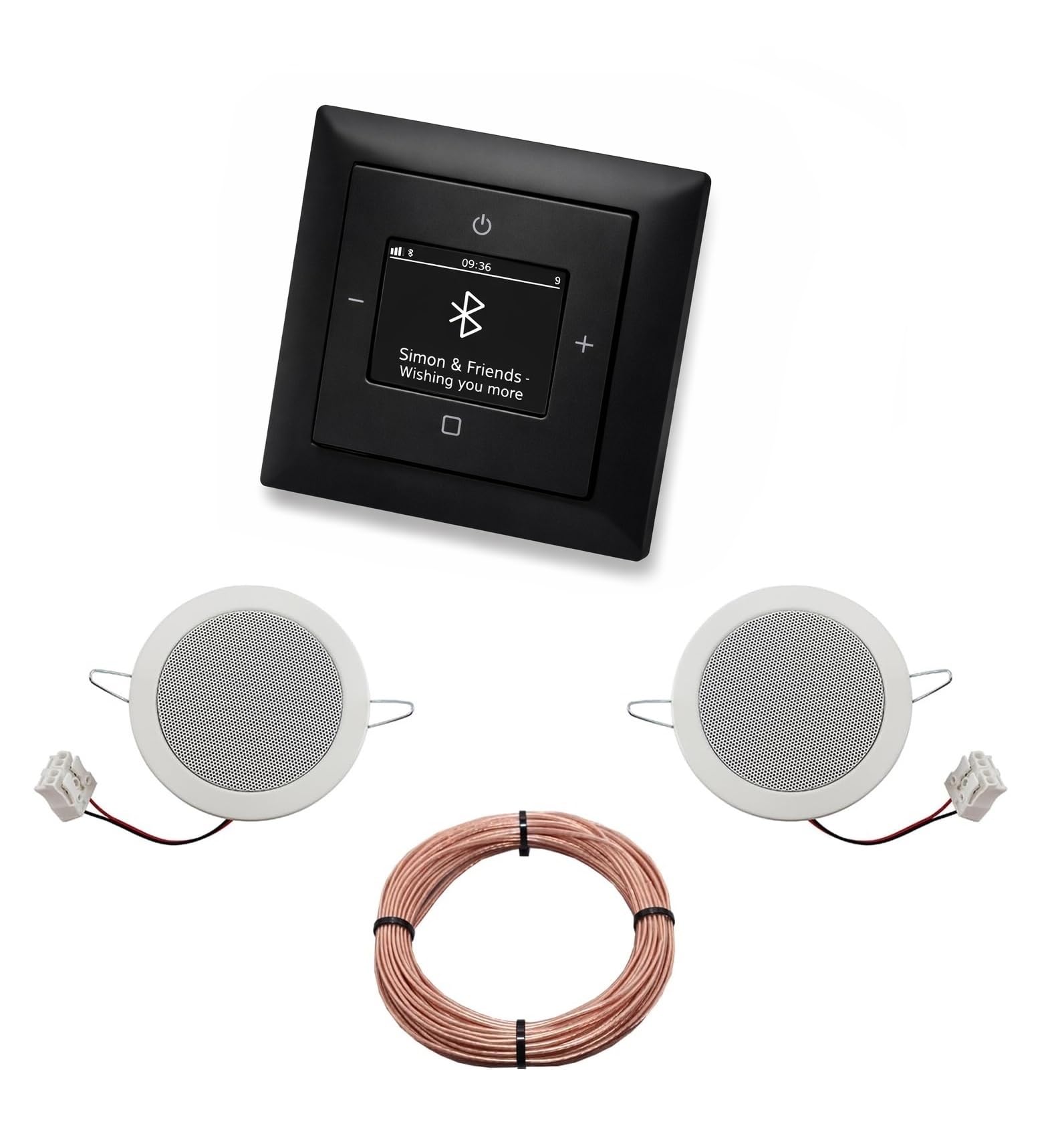 Busch Jäger DAB+ Unterputz Bluetooth (in and out) Radio 8217U-101 Balance Si schwarz matt -915, Komplett-Set mit 2 x Deckenlautsprecher Einbaulautsprecher + 20 Meter Lautsprecherkabel 2x0,75 mm2 8217U