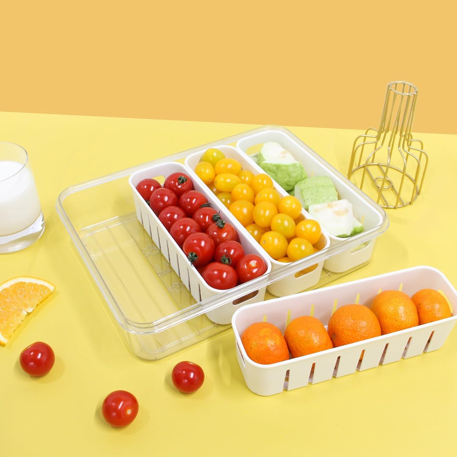 YFXOHAR Fridge Storage Box With Lid&Handle|4 Compartments Fridge Organizer Divider Draining Crisper Containers Keeps Fruits,Vagetables,Meats|Airtight Container Box (Acrylic),Off-White 4