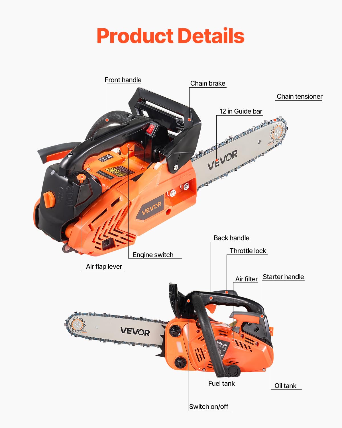 VEVOR Motosierra de Gasolina de 305 mm, Motosierra de Gasolina de 25 cc, 1,02 HP con Mango Antideslizante, Doble Depósito de Combustible, Ideal para Cortar Madera, Podar Árboles y Limpiar Terrenos