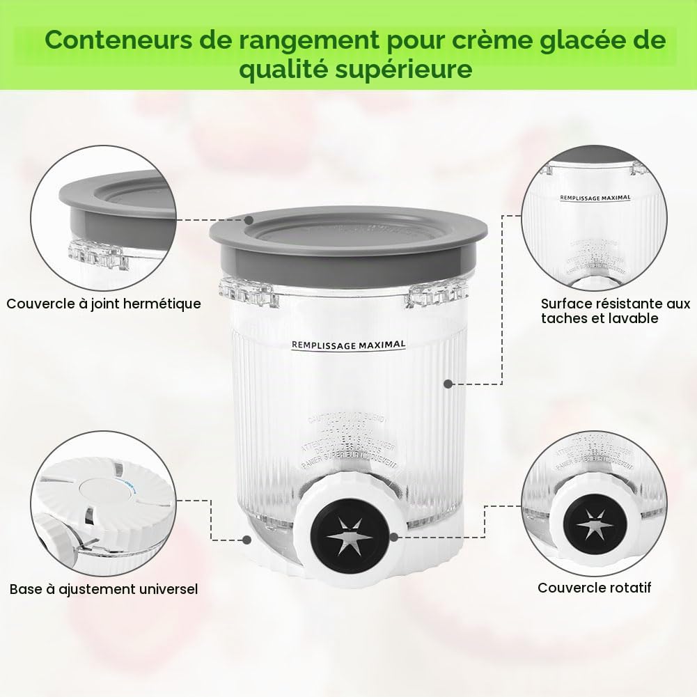 Contenant de Crème Glacée, 4 Pièces Récipient à Crème Glacée, 473 ML Récipient avec Couvercle Accessoires pour Ninja CREAMi Swirl NC700 et NC701, Sans BPA et Lave-Vaisselle