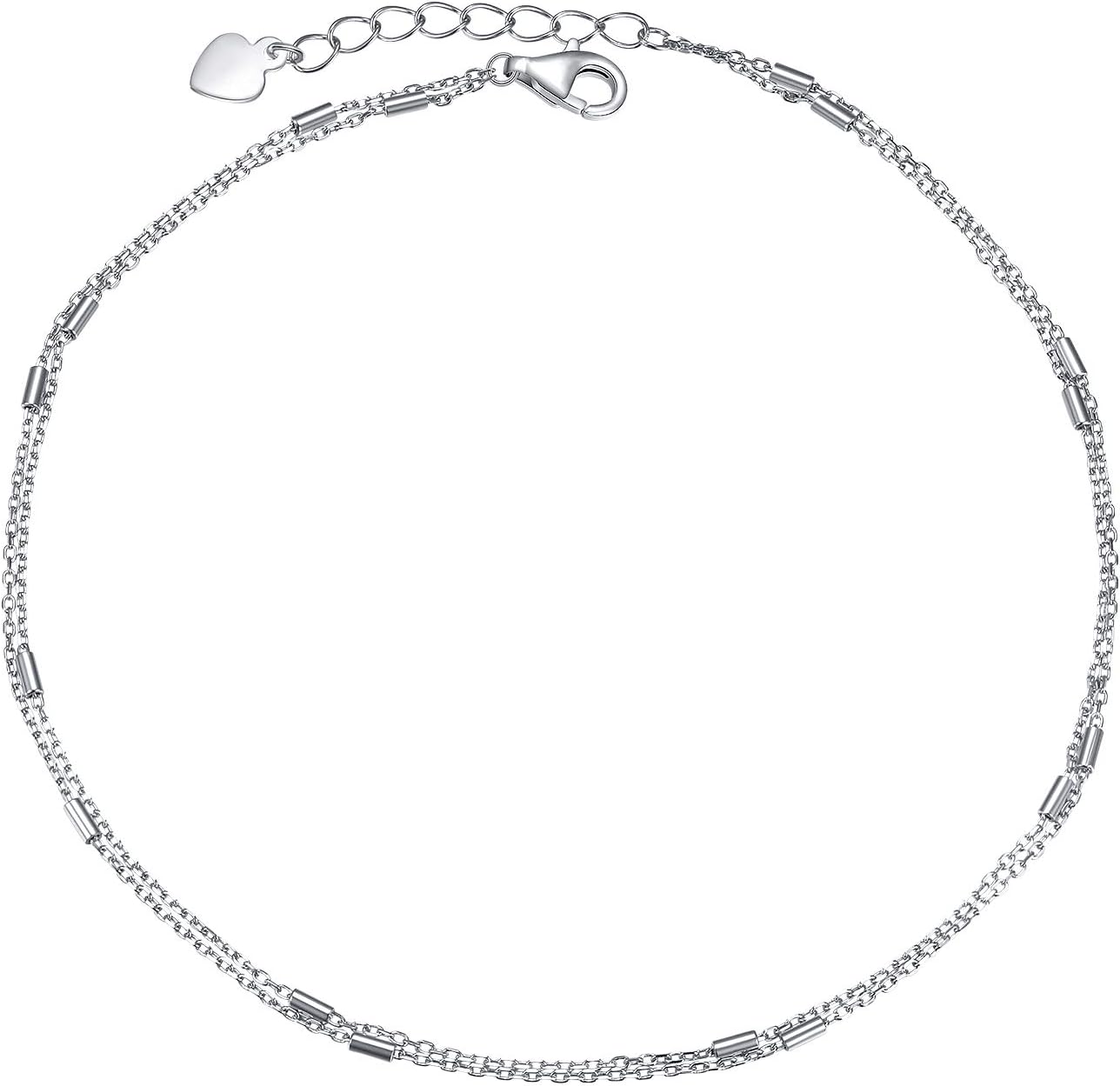S925 Sterling Silver Dainty Layered Bar Anklet for Women Teen Girls Double Chain Adjustable Beach Foot Simple Ankle Bracelet Anklets, 9 10 11 Inches