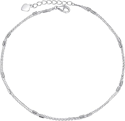 Tobillera de plata de ley S925 delicada en capas para mujeres, adolescentes y niñas, doble cadena ajustable, pie de playa, tobillera simple, 9, 10,