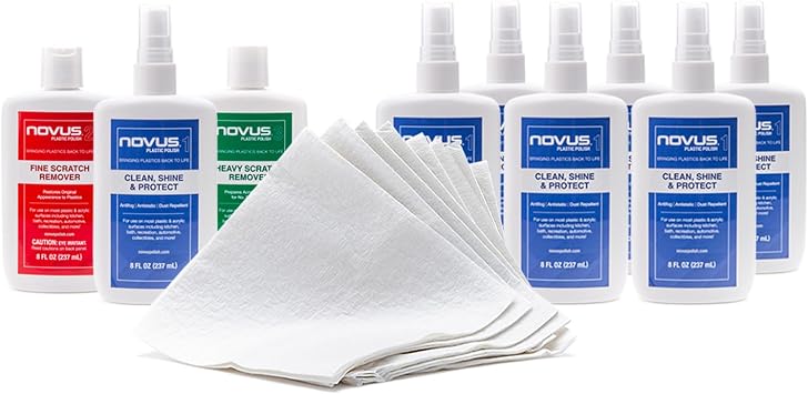 NOVUS Plastic Polish | Museum Display Care Kit | 6ct Premium Polish Mates | Plastic Clean & Shine #1, Fine Scratch Remover #2, Heavy Scratch Remover #3 | Extra Set 1 Spray Bottles | 8 Ounces