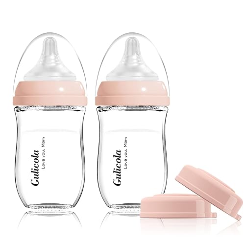 Miniatura 8 de Biberón de vidrio natural para bebés amamantados, juego de biberones anticólicos con pezón de flujo medio, 3 meses +, 8 onzas, paquete de 2 - rosa