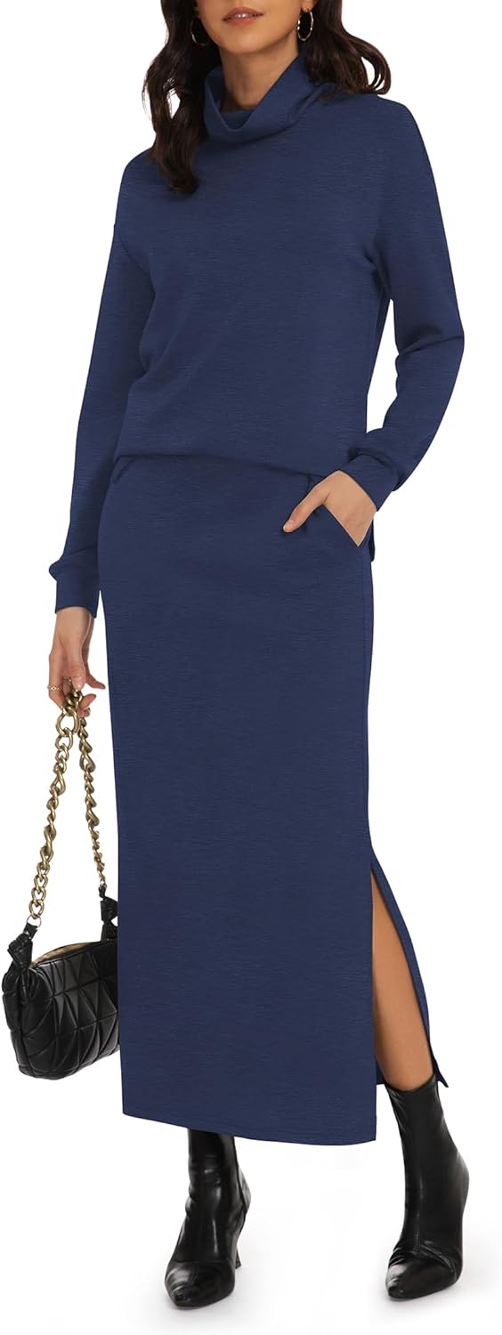Casly Lamiit Women's 2 Piece Skirt Set Turtleneck Tops Long Skirt Matching Outfits with Pockets Fall Loungewear