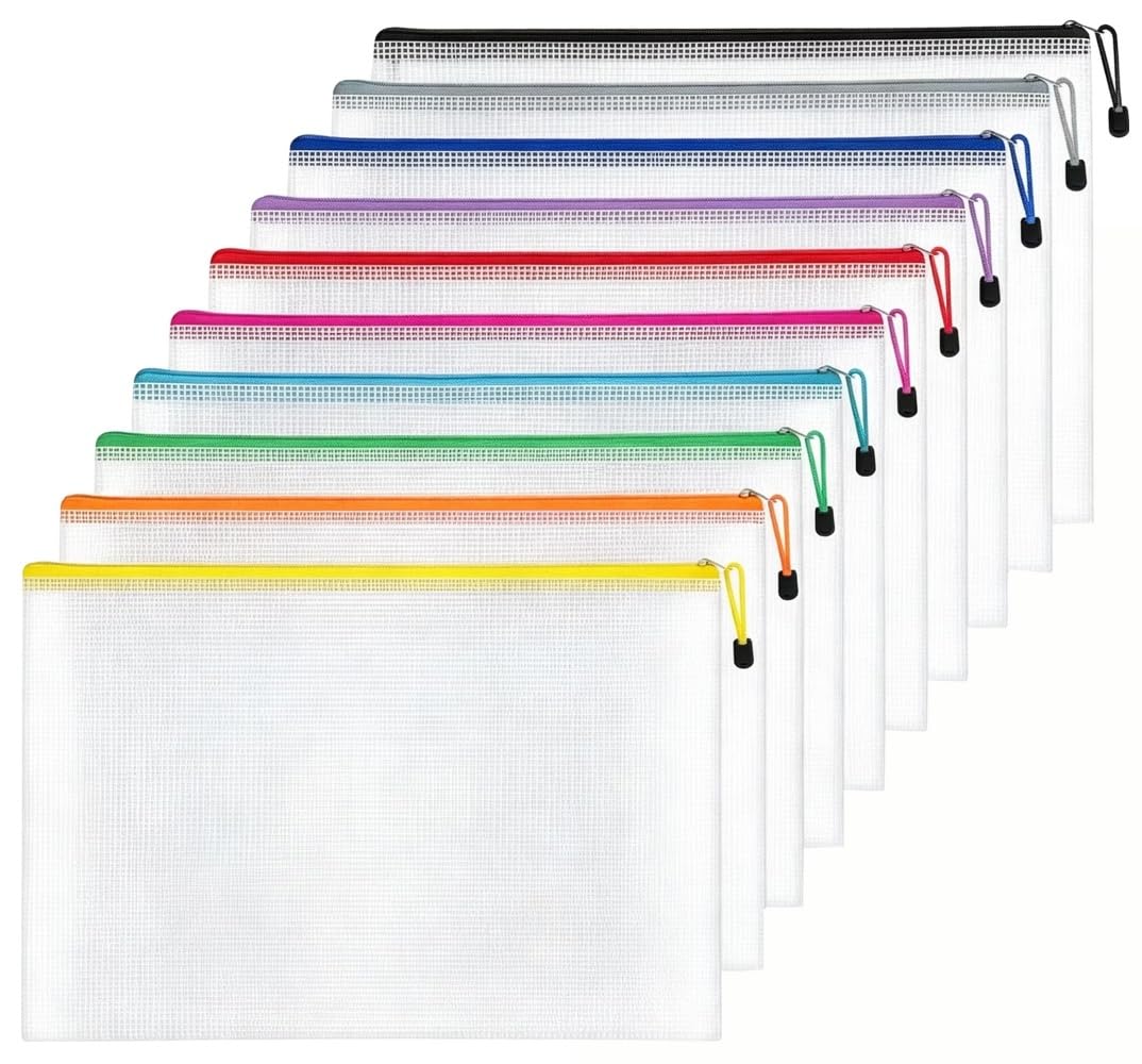 A3 Zip Wallets Plastic Wallet A3 Document Folder Zipper Bags Large Ziplock Bag Mesh Zip Bag for School Office Travel Storage - 10 Colours (A3-10Pack) โ image 1