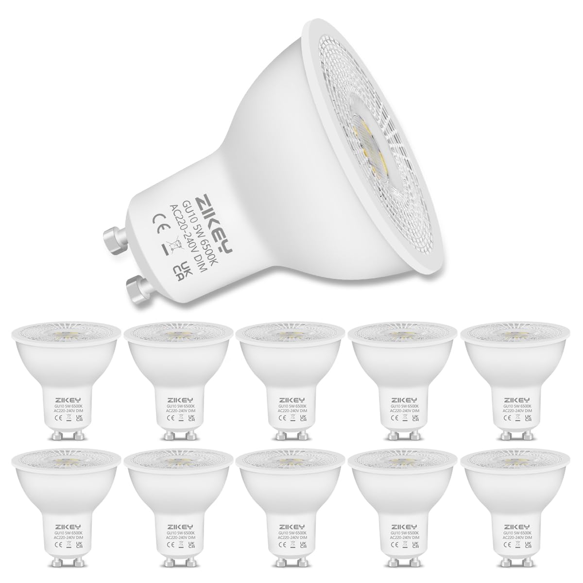 ZIKEY Dimmable GU10 LED Bulbs, 5W LED Spotlight Bulb, Cool White 6500K, 450LM, Equivalent to 50W, Energy-Saving GU10 Dimmable Light Bulbs, Pack of 10