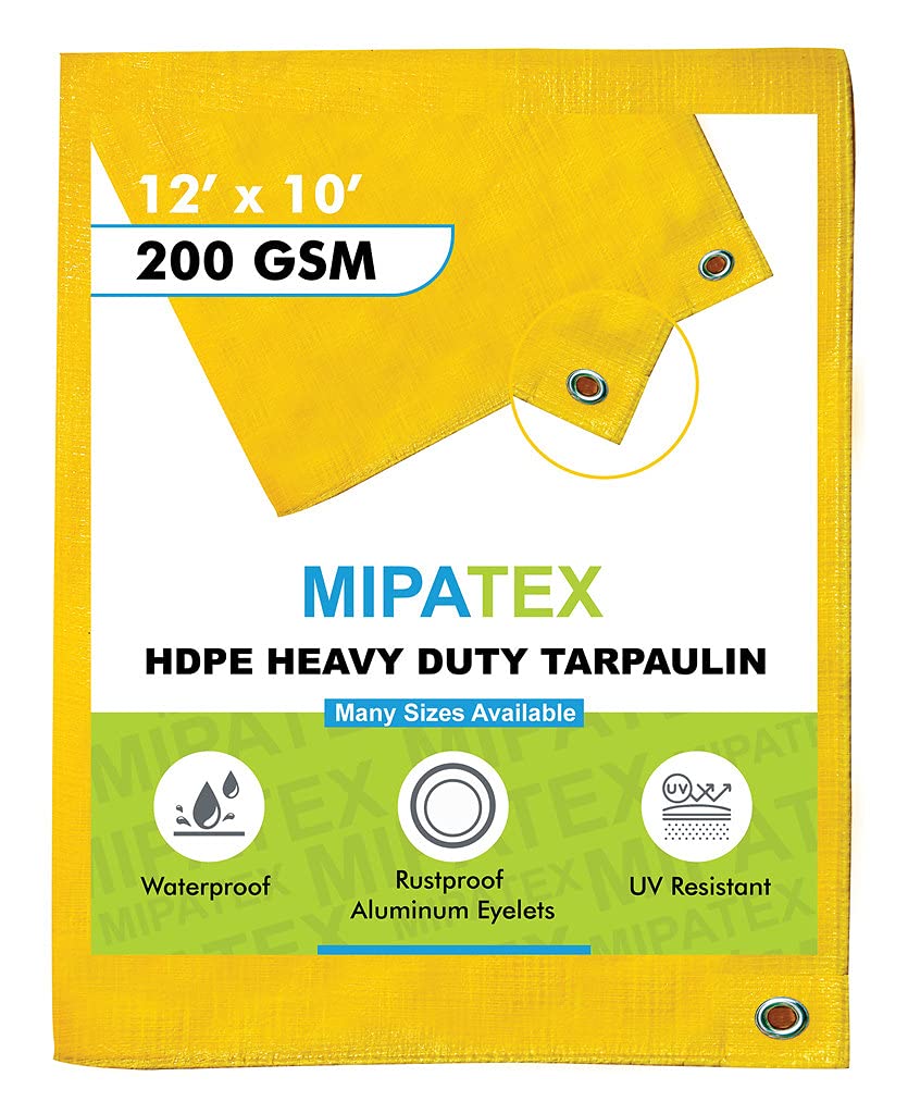 Mipatex Tarpaulin Sheet Waterproof Heavy Duty 12ft x 10ft, Poly Tarp with Aluminium Eyelets Every 3 feet - Multipurpose 200 GSM Plastic Cover for Truck, Home Roof, Rain, Outdoor or Sun (Yellow)