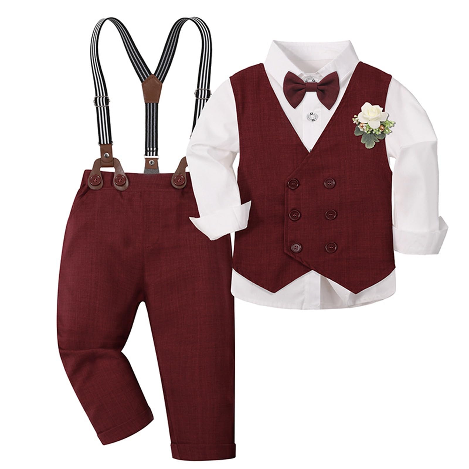 2025 Elegante traje elegante con chaleco verde rojo para niños pequeños hombres, ropa formal de fiesta, ropa de vacaciones